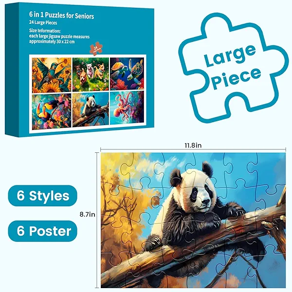 6 Pack 24 Large Piece Puzzle for Seniors Paper Dementia Puzzles for Elderly Adults Easy Puzzle Hummingbird Turtle Dog Panda Jigsaw Puzzle Activities for Elderly Seniors Gift