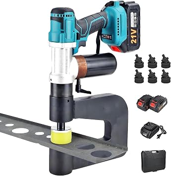 Electric Hydraulic Hole Puncher Metal Hole Punch Hole Punching Machine with 2 Batteries, 6 Molds 16-32mm, 150mm Throat Depth, for Metal, Iron, Stainless Steel Sheets