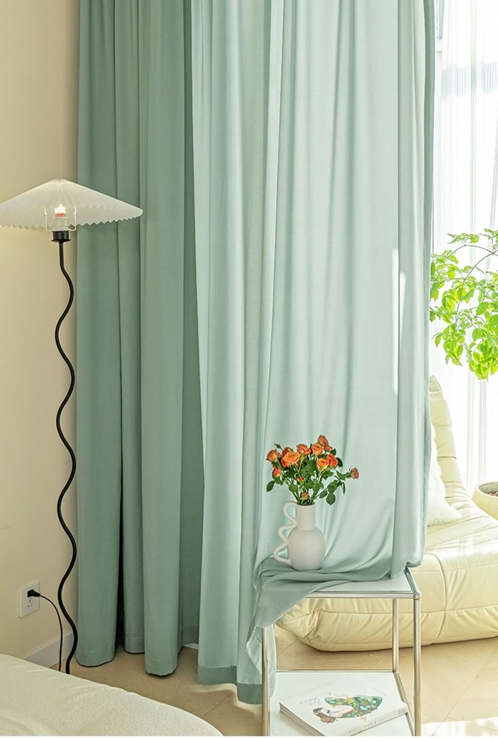 Daesar Semi Transparent Curtains 2 Panels Set 54 Inch Length, Hooks Tulle Curtains Solid Color Voile Curtains for Living Room Kitcken Window Treatment, 34x54 Inch Green