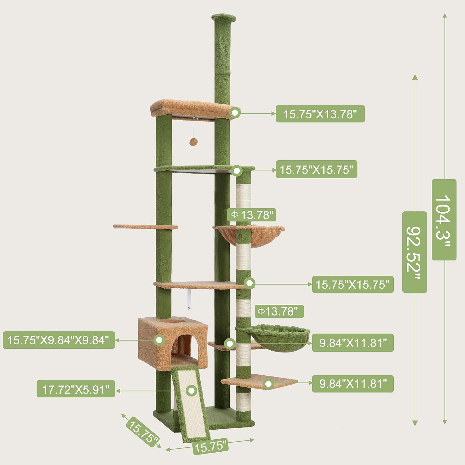 Detailed diagram showing the dimensions of the Heybly Cat Tree HCT091GM, including adjustable height from 92.5 to 104.3 inches.