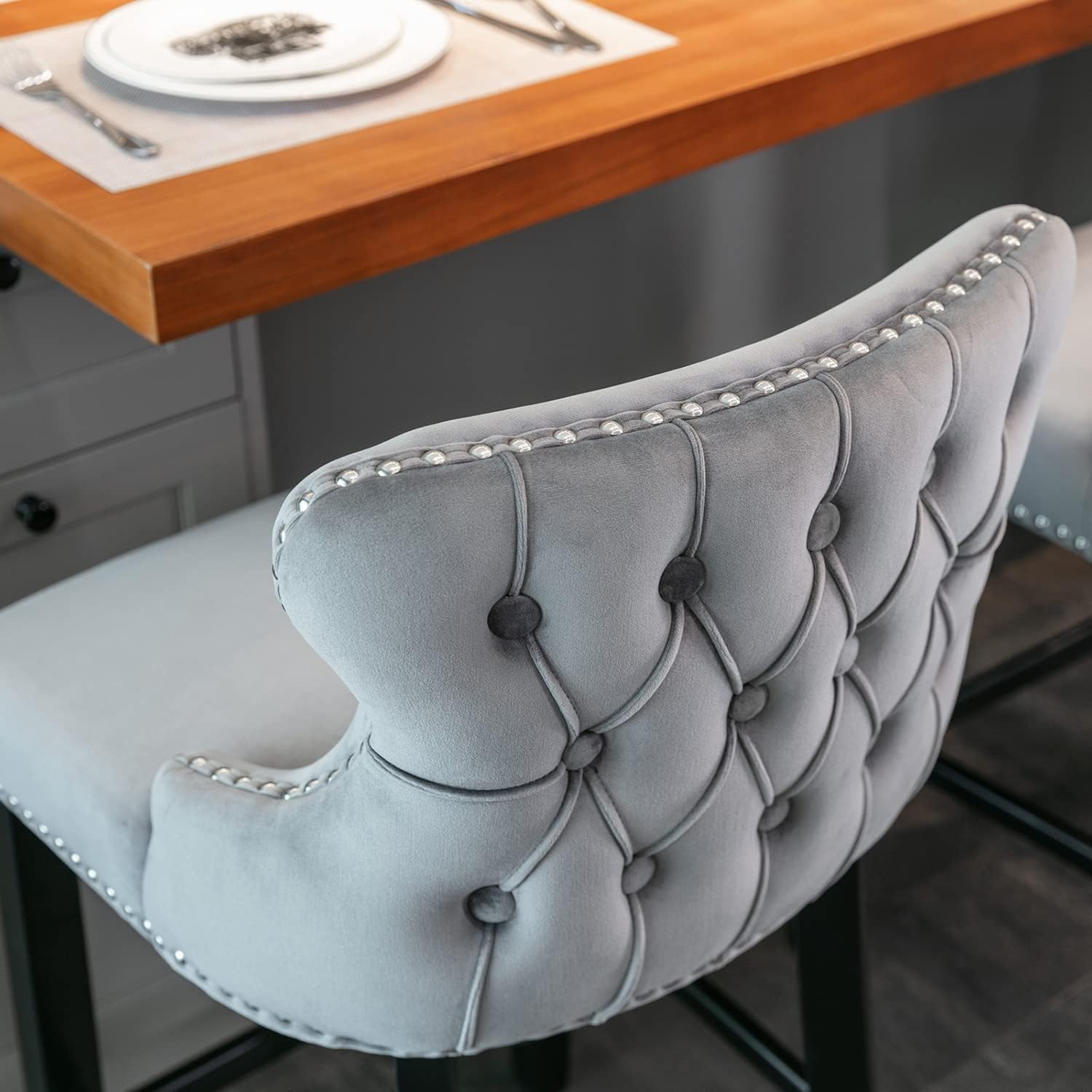 Set of 2 Gray Velvet Counter Height Bar Stools, 26.7" Tufted Seat with Back, Nailhead Trim, Solid Wood Legs – Perfect Barstools for Home Bar & Kitchen Island