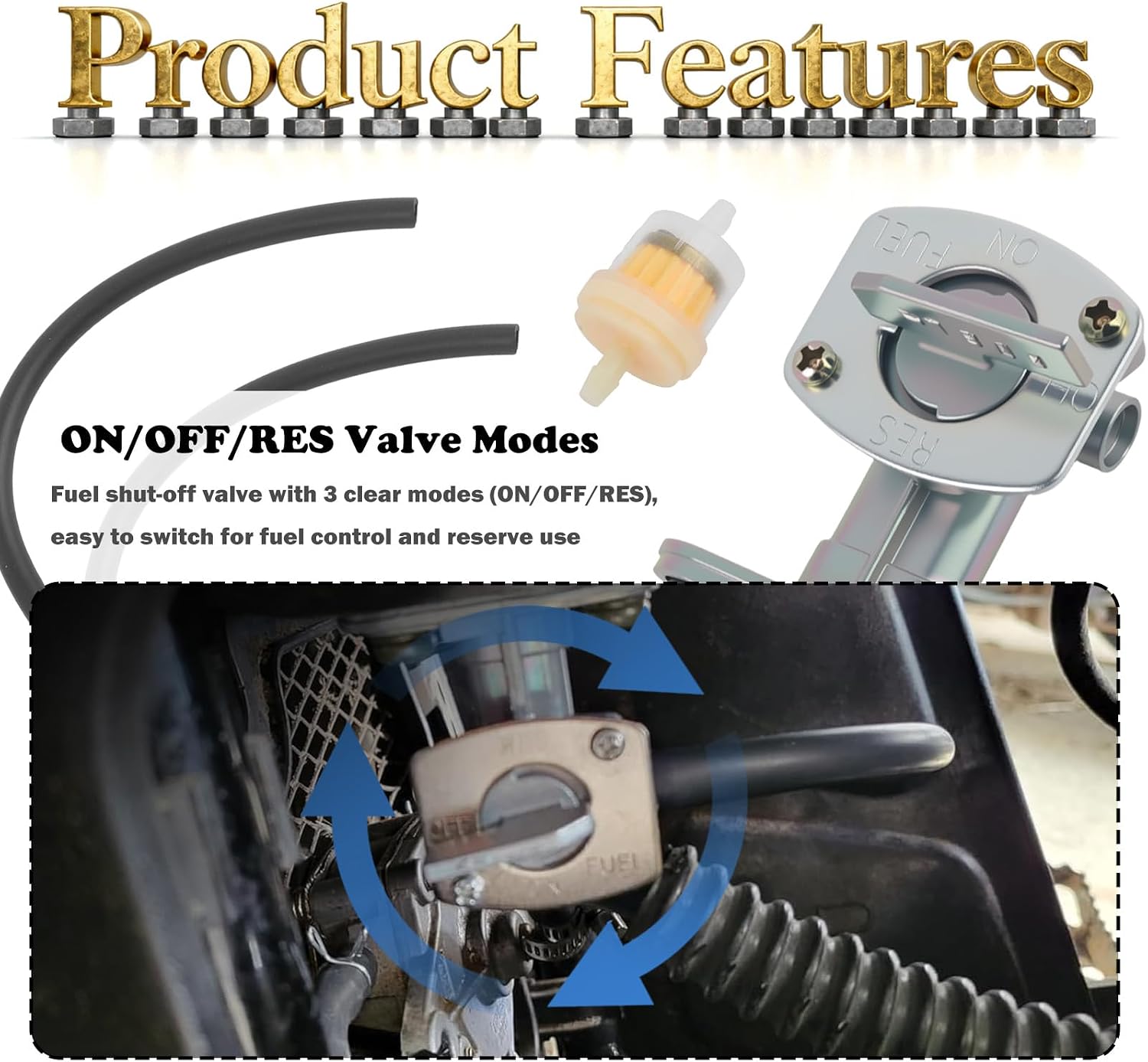 Fuel Petcock Valve Kit with ON/OFF/RES Valve Modes,Motorcycle Petcock Fuels Shutoff Valves Compatible with Yamaha/Suzuki/Kawasaki,Fuels Shut off Valves Kit with Fuel Line/Filter