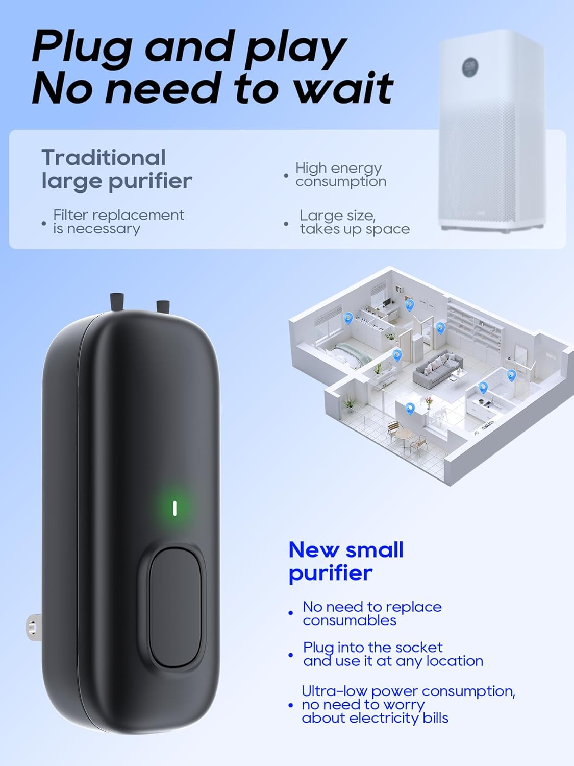 Cat Litter Deodorizer Plug in - Ozone-Free Negative Ion Air Purifier for Litter Box, Compact Odor Eliminator for Strong Pet Odors, Dog Odor Eliminators for Home, Bedroom, Kitchen (black 2pcs)