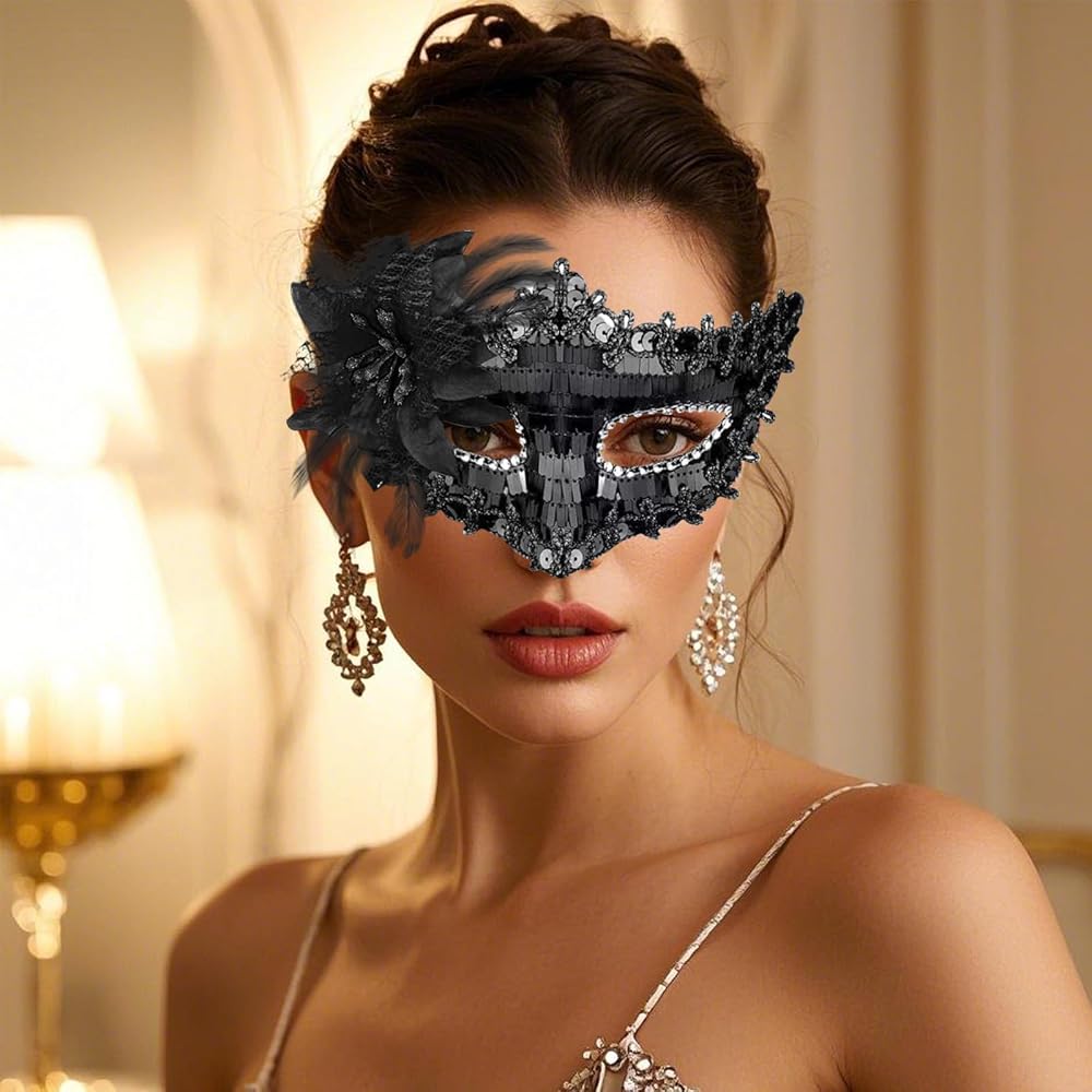 Coppia Di Maschere Veneziane In Pizzo Nero – Regolabili, Leggere, In Plastica Traspirante, Per Carnevale, Halloween, Feste In Maschera E Cosplay