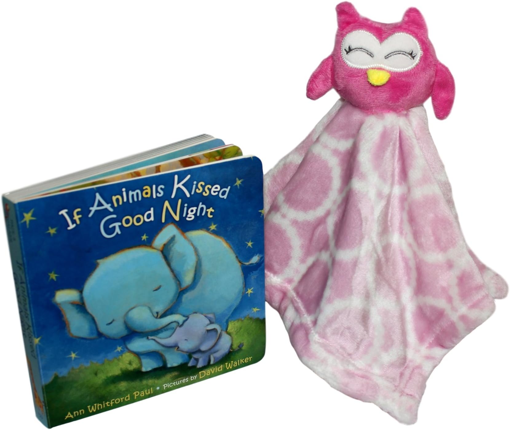 Hudson Baby Animal Friend Plushy Security Blanket, Pink owl + “If Animals Kissed Goodnight” Book. This Combination Provides a Truly Unique Story-time Experience and is Perfect as a Baby Shower Gift