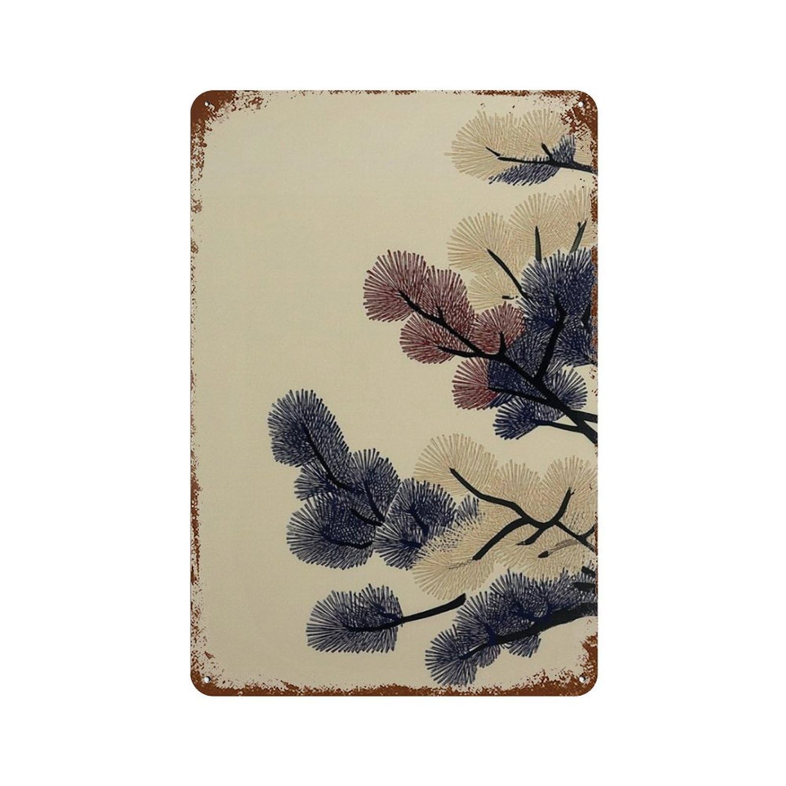 xiaoxiaoshen Japanese Pine Branch Woodblock Style Botanical Wall Decor Art Metal Tin Poster Modern Home Decor Art Home Bar Shop Decorations Vintage Sign 30x20cm