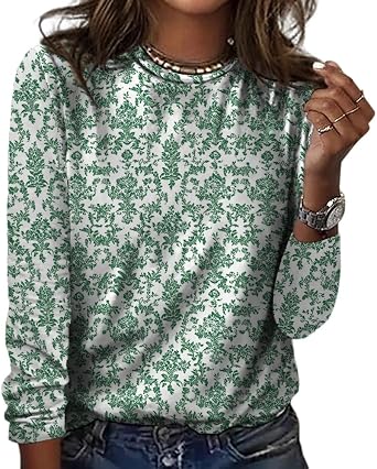 Womens Boho Floral Long Sleeve Shirts Casual Loose Fit Crewneck Blouses Comfortable Basic Tops