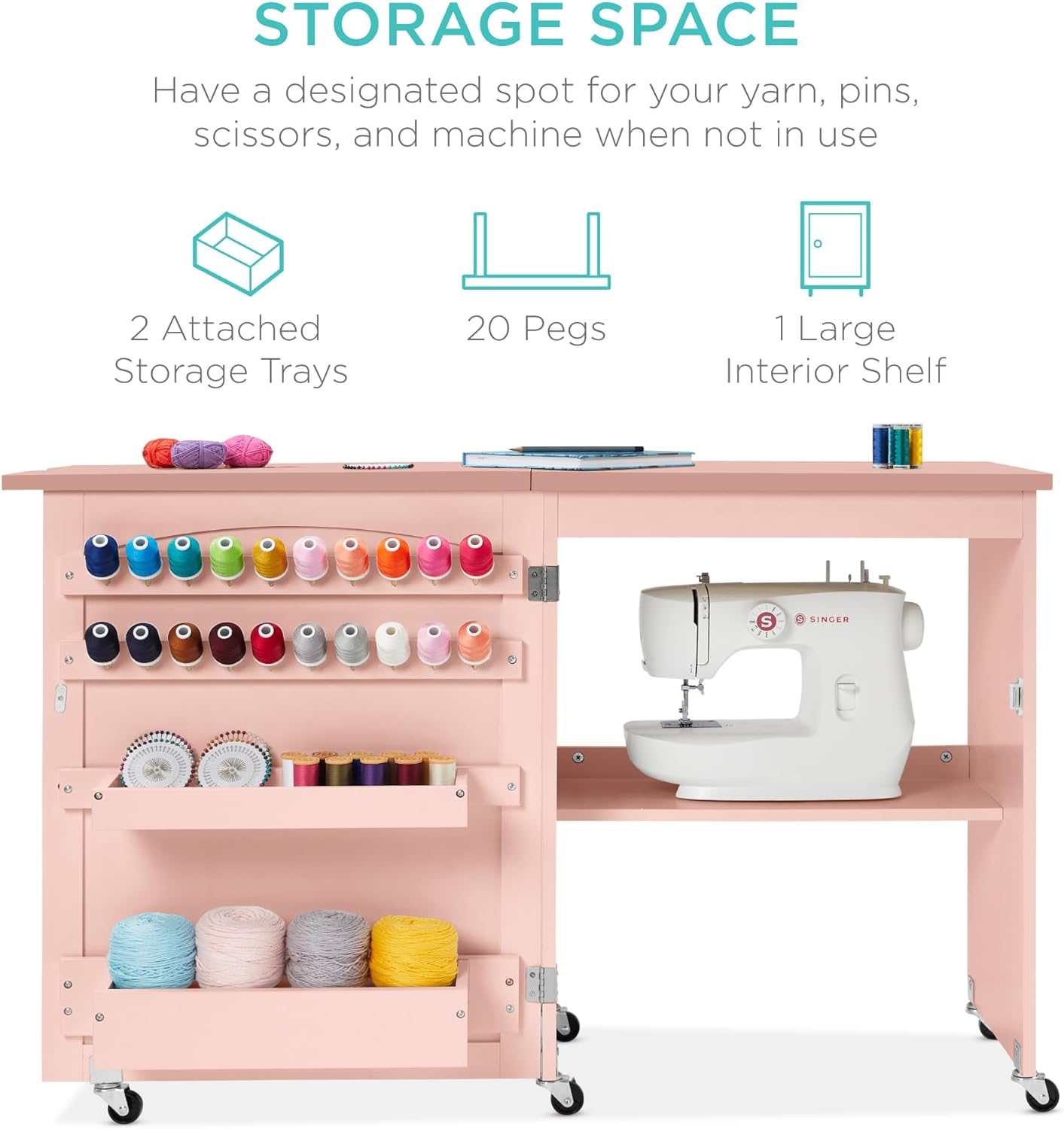 Best Choice Products Folding Sewing Table Multipurpose Craft Station & Side Desk with Compact Design, Wheels, Shelves, Storage Trays, Pegs, Magnetic Doors, Metal Doorknobs - Pink