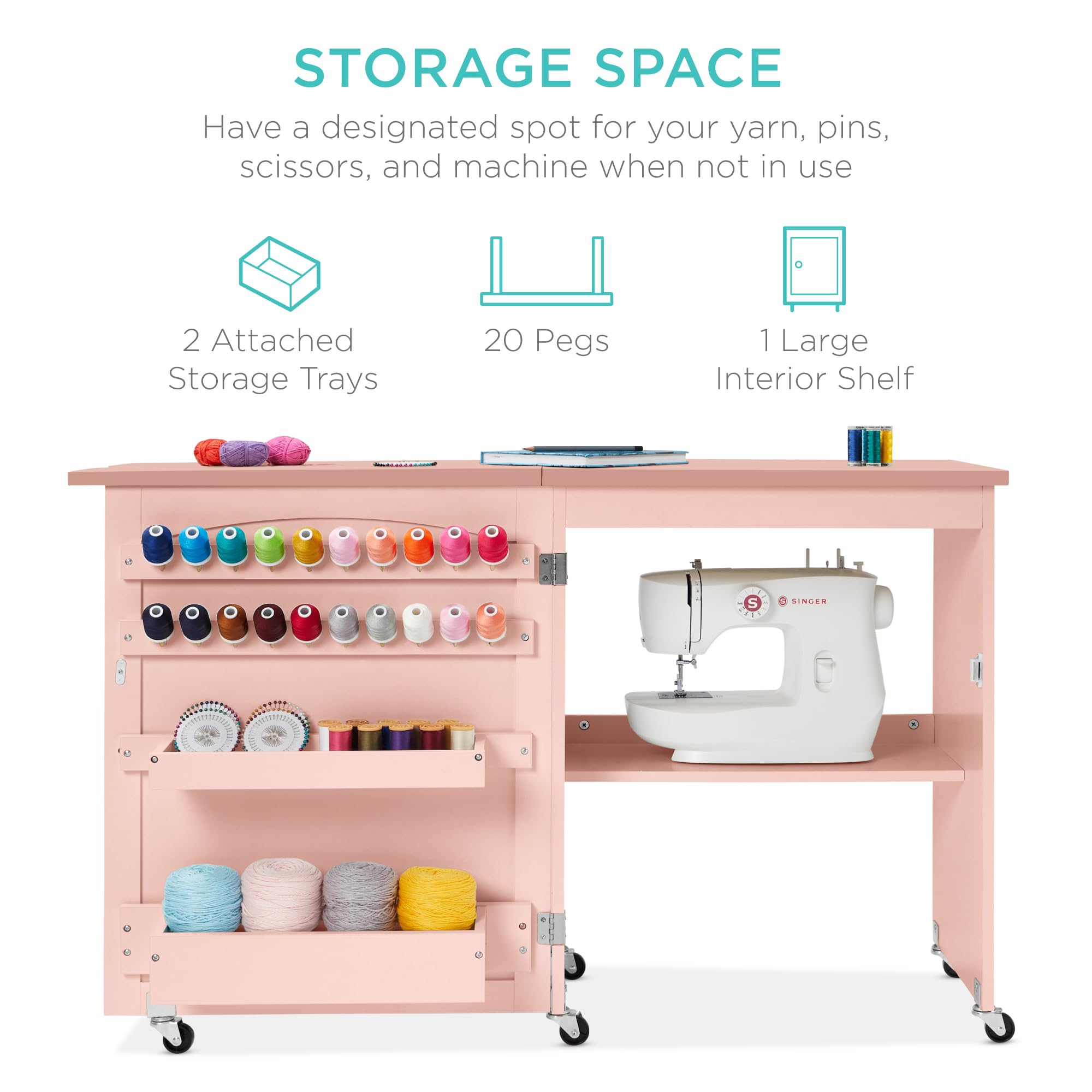 Best Choice Products Mesa de costura plegable multiusos para manualidades y escritorio lateral con diseño compacto, ruedas, estantes, bandejas de almacenamiento, clavijas, puertas magnéticas, pomos de