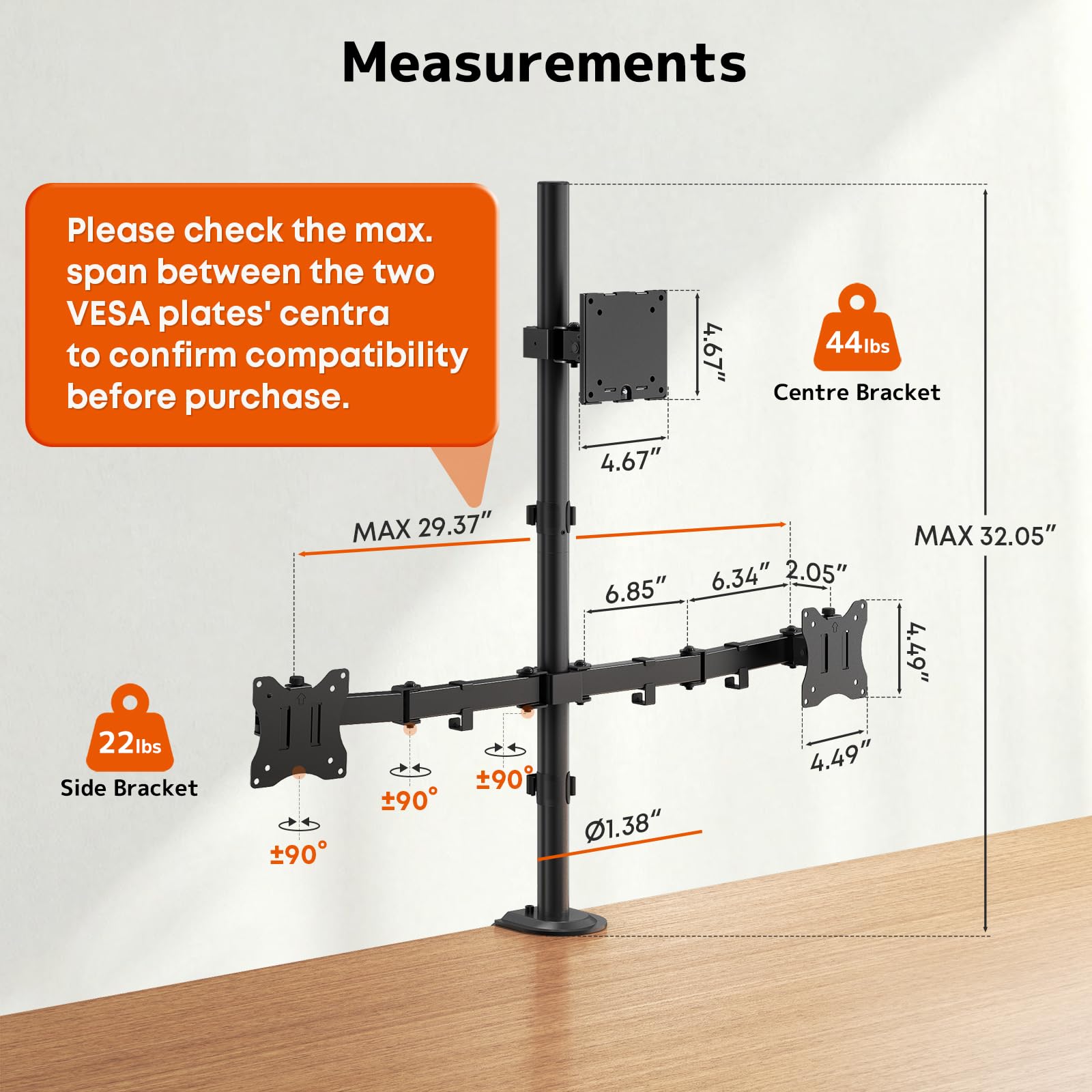 Supporto Monitor Triplo per Schermo LED LCD da max a 1 x 49 e 2 x 32 Pollici, 80CM Super alto Braccio Monitor Scrivania 10 kg per Braccio, VESA75/100mm