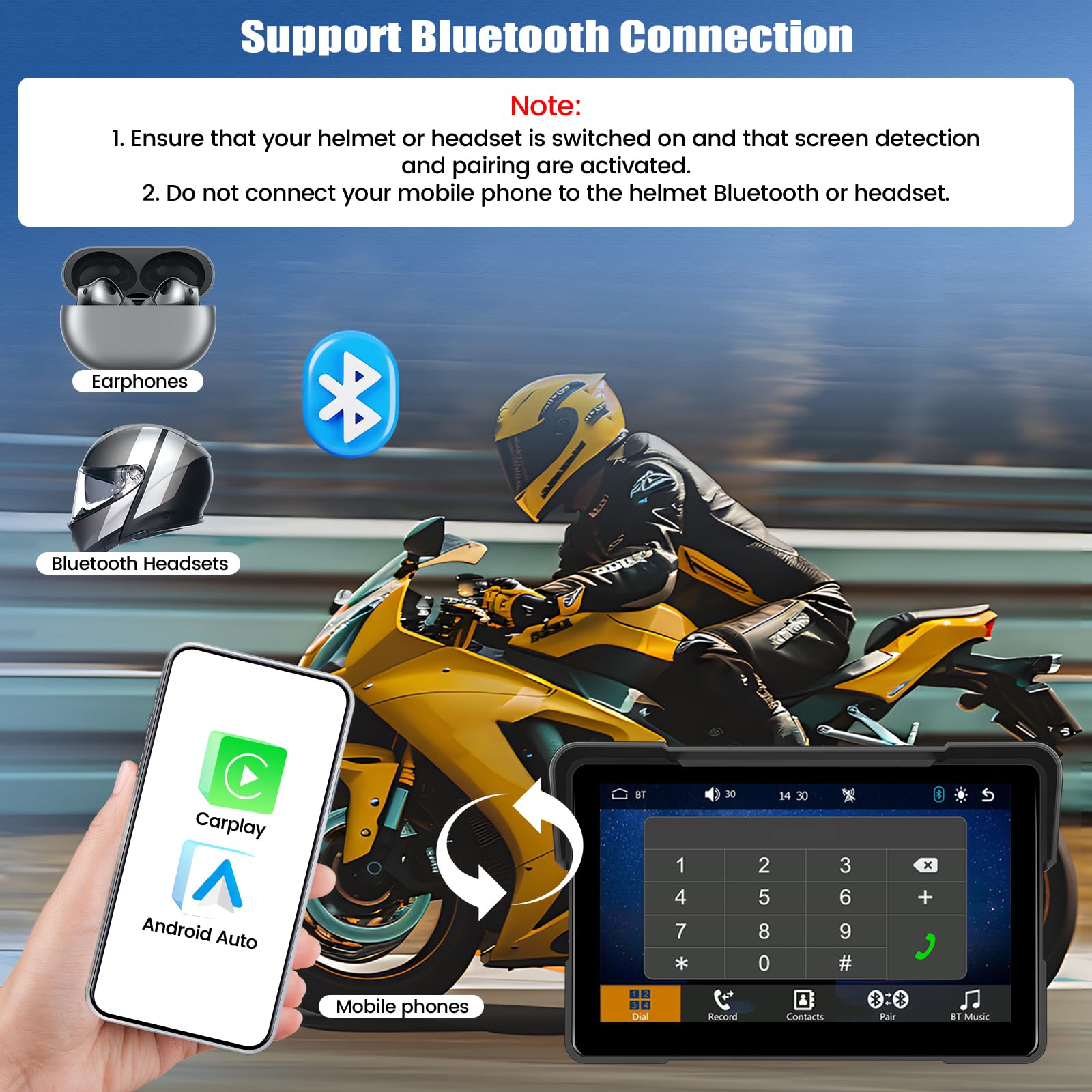 CAMECHO 2025 Moto Wireless CarPlay y Android Auto Inalámbrico, Pantalla carplay Moto 7" HD IP68 Impermeablepara Motocicletas con navegación/Bluetooth/EQ/Mirrorlink