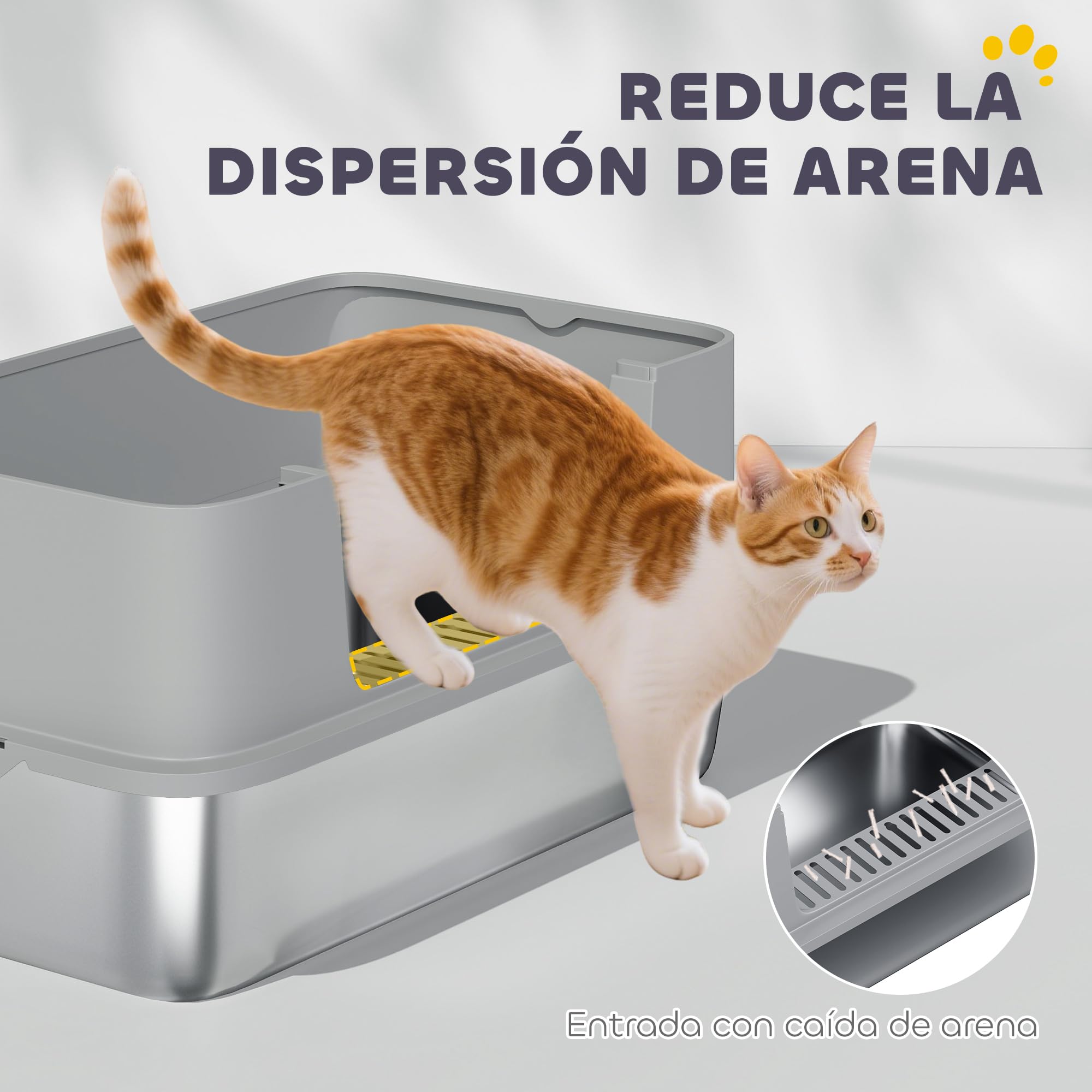 PawHut Arenero para Gatos de Acero Inoxidable XL Pala 60x40x29,5 cm Gris | Caja de Arena para Gatos Arenero, con Borde Alto, Fácil de Limpiar, Prueba de Fugas