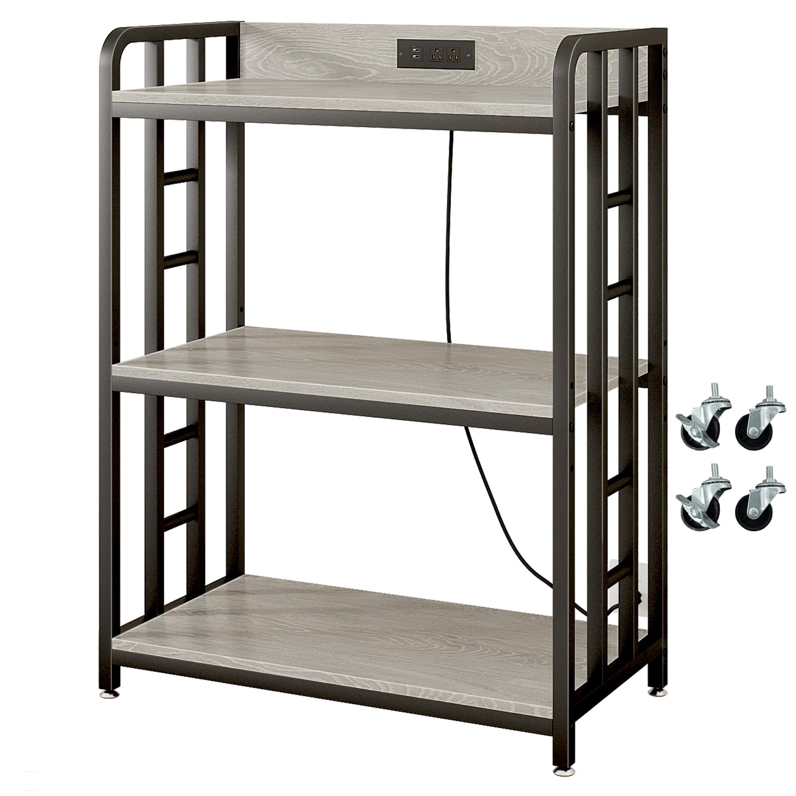 METYERRY Bakers Rack with Power Outlet,Adjustable Microwave Stand with Storage,3-Tier Kitchen Shelves,Microwave cart Suitable for Kitchen,Dinning Room