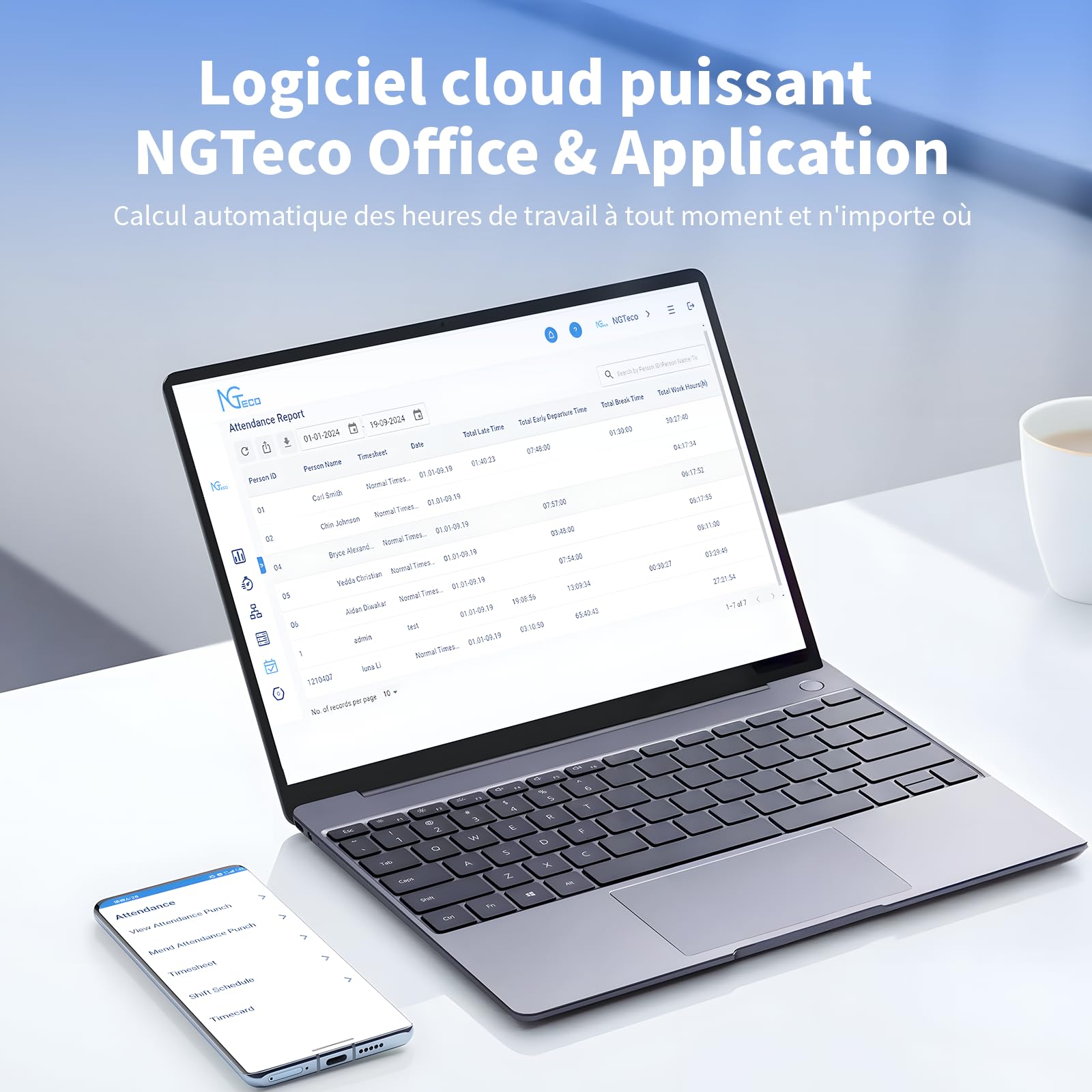 NGTeco Pointeuse Horaire Cloud，100% sans Abonnement，Système Multi-utilisateurs avec Synchronisation en Temps Réel et Sécurité AWS Machine à Carte de Pointage avec Logiciel de Contrôle à Distance