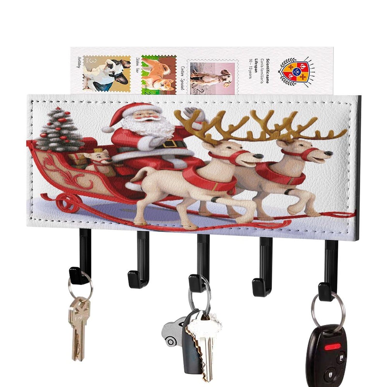 FekiLoot Santa Claus Reindeer Sled Key Holder for Wall Decorative Mail Organizer with 5 Key Hook Self Adhesive Key Rack with Tray Coat Rack Wall Mount Key Hanger Decor for Entryway Door