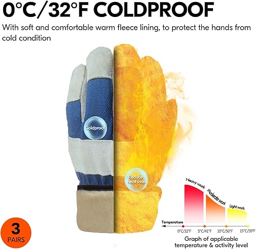 Miniatura 2 de Vgo... Winter Warm Lined Cowhide Split Leather Work Gloves,Heavy Duty Truck Driving Gardening Farm Welding(CB3501F)