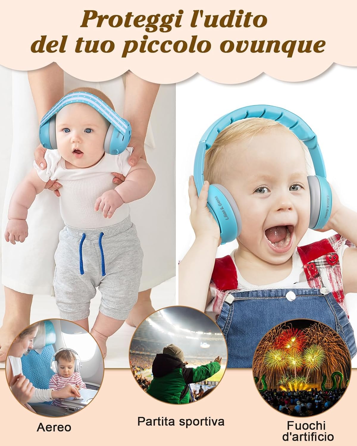 Generico 2 in 1 Cuffie Neonato Antirumore -25dB,Protettori acustici per neonati, archetto regolabile, antiscivolo e antistress, protezione acustica ideale per neonati fino a 48 mesi