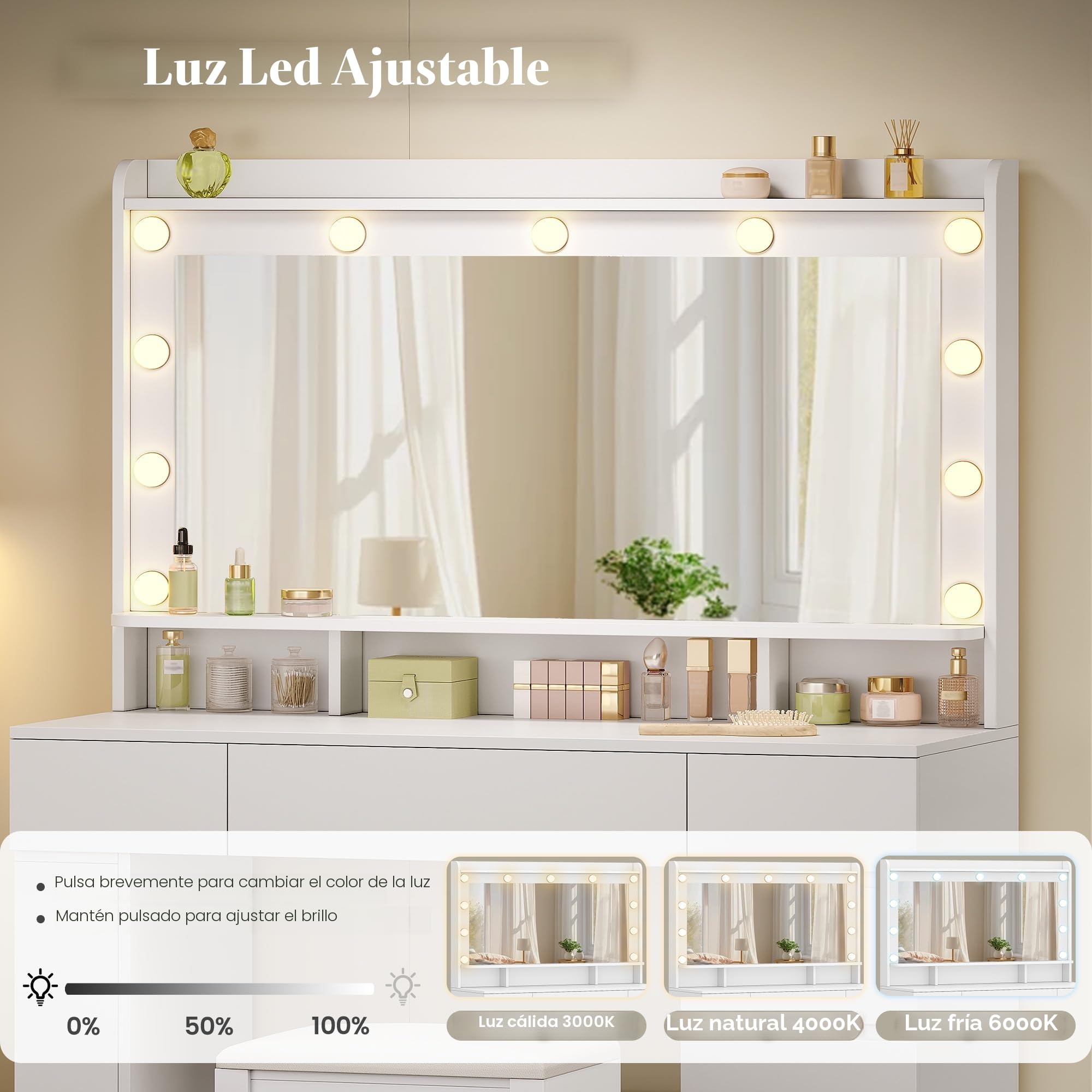 HEXCELEN 108 cm Tocador con Espejo Grande, Tocador de Maquillaje con Luz LED, Mesa de Maquillaje con 6 Cajones y Compartimento de Almacenamiento Lateral Abierto, Blanco