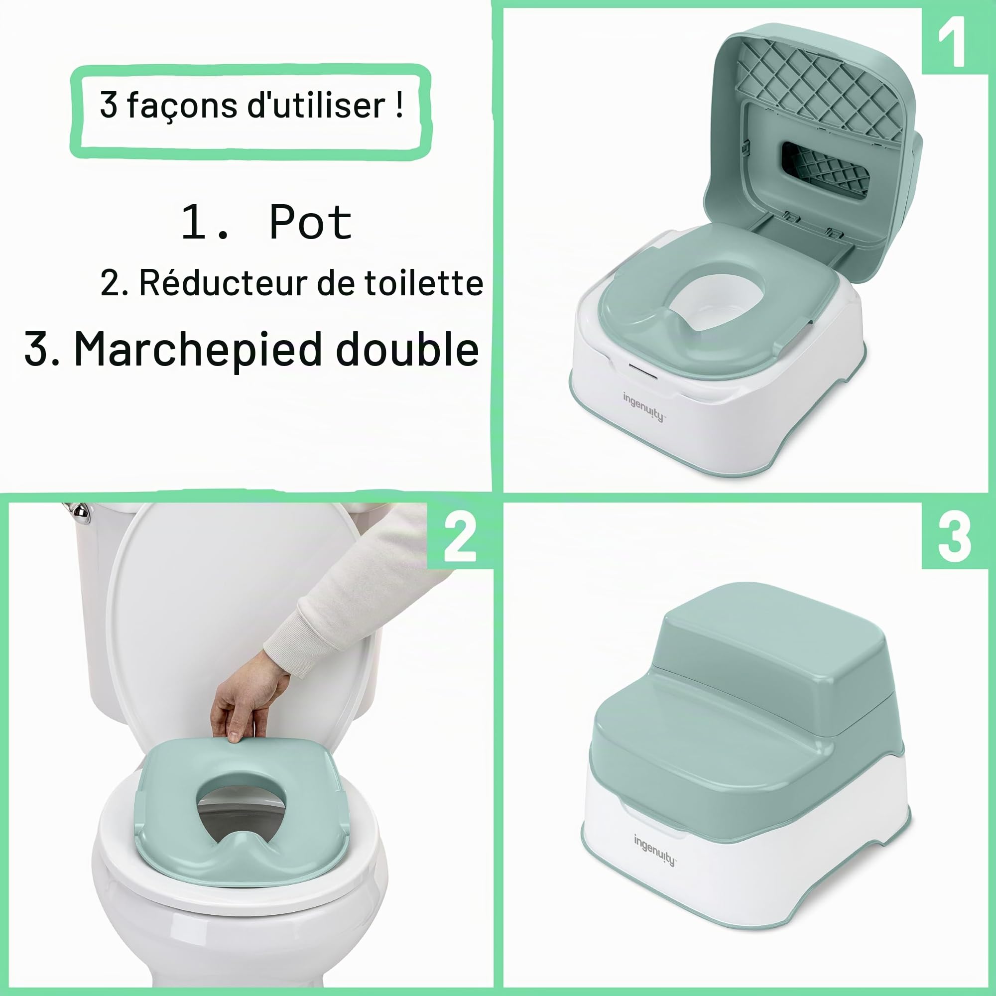 Ingenuity, Prepare to Potty - Pot système de pot 3 en 1 Adaptateur, Tabouret, montage facile, pour les 18 mois et plus