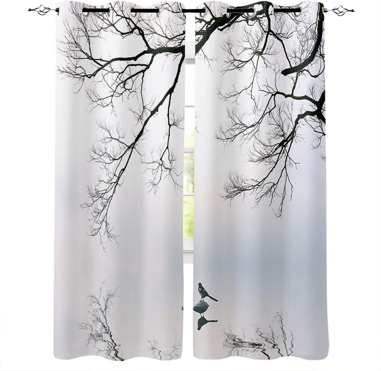 Tree Winter Bird Blackout Curtains, Tree Branch Reflection in Water 3D Printed Drapes, 2 Panels Window Curtains, Grommet Thermal Insulated Window Curtain for Bedroom Living Room Windows (108"W x 84"L)
