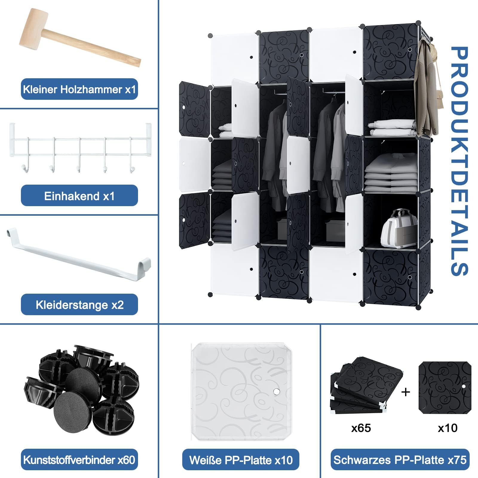 Froadp Armario plegable de 178 x 145 x 35 cm, sistema de estanterías de plástico, armario con 20 compartimentos, sistema de estantería, armario para ropa, zapatos, juguetes, libros, blanco y negro