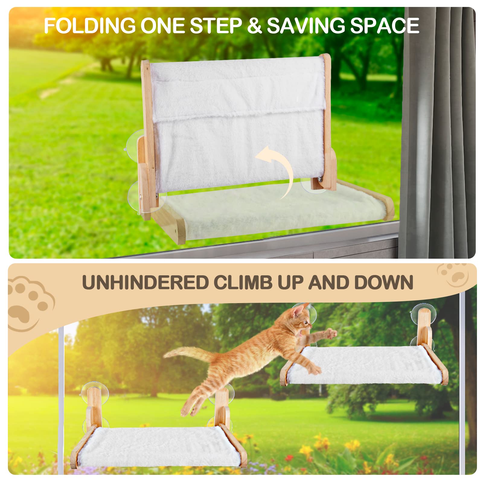 MREYZEU Cat Window Perch Hammock-seat Furniture-Bad – Natural Wooden cat Window Perch, Cordless and Collapsible. Weight Capacity: Over 60 lbs.