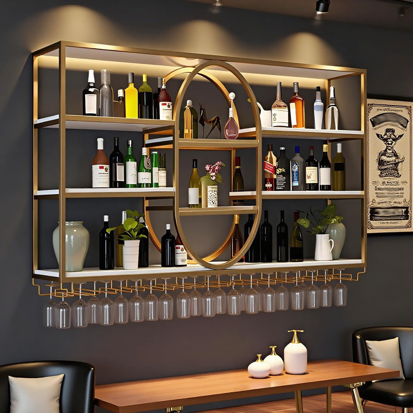 Portabottiglie da parete in metallo in stile industriale, portabottiglie a tre livelli, espositore ovale multifunzionale da parete per vino, portabottiglie sospeso (Nero, 140 * 20 * 120cm)