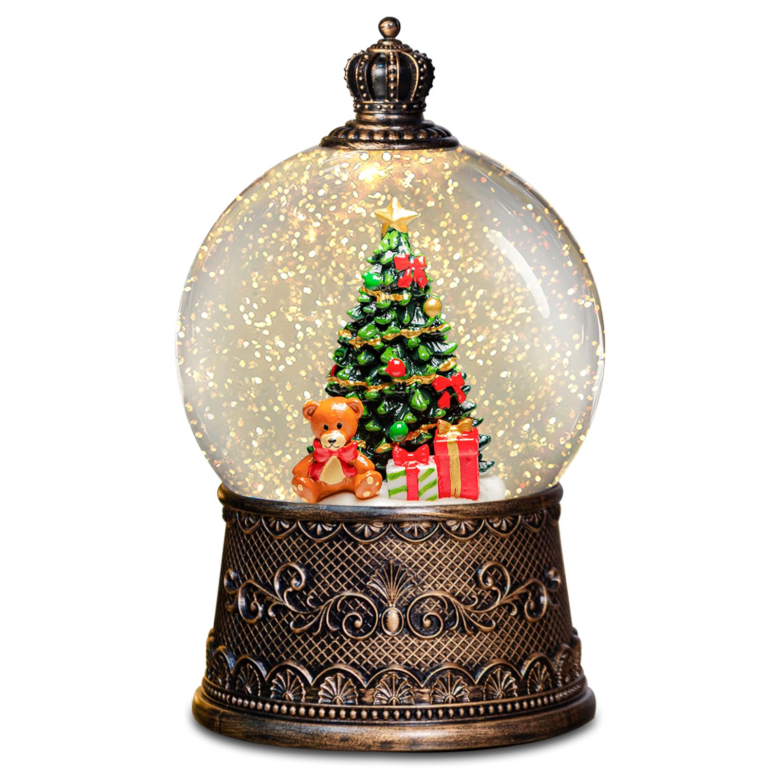 Linterna de globos de nieve de Navidad con música, globos de nieve de árbol de Navidad con efectos de purpurina de remolino de agua, alimentado por USB/batería con temporizador de 6 horas