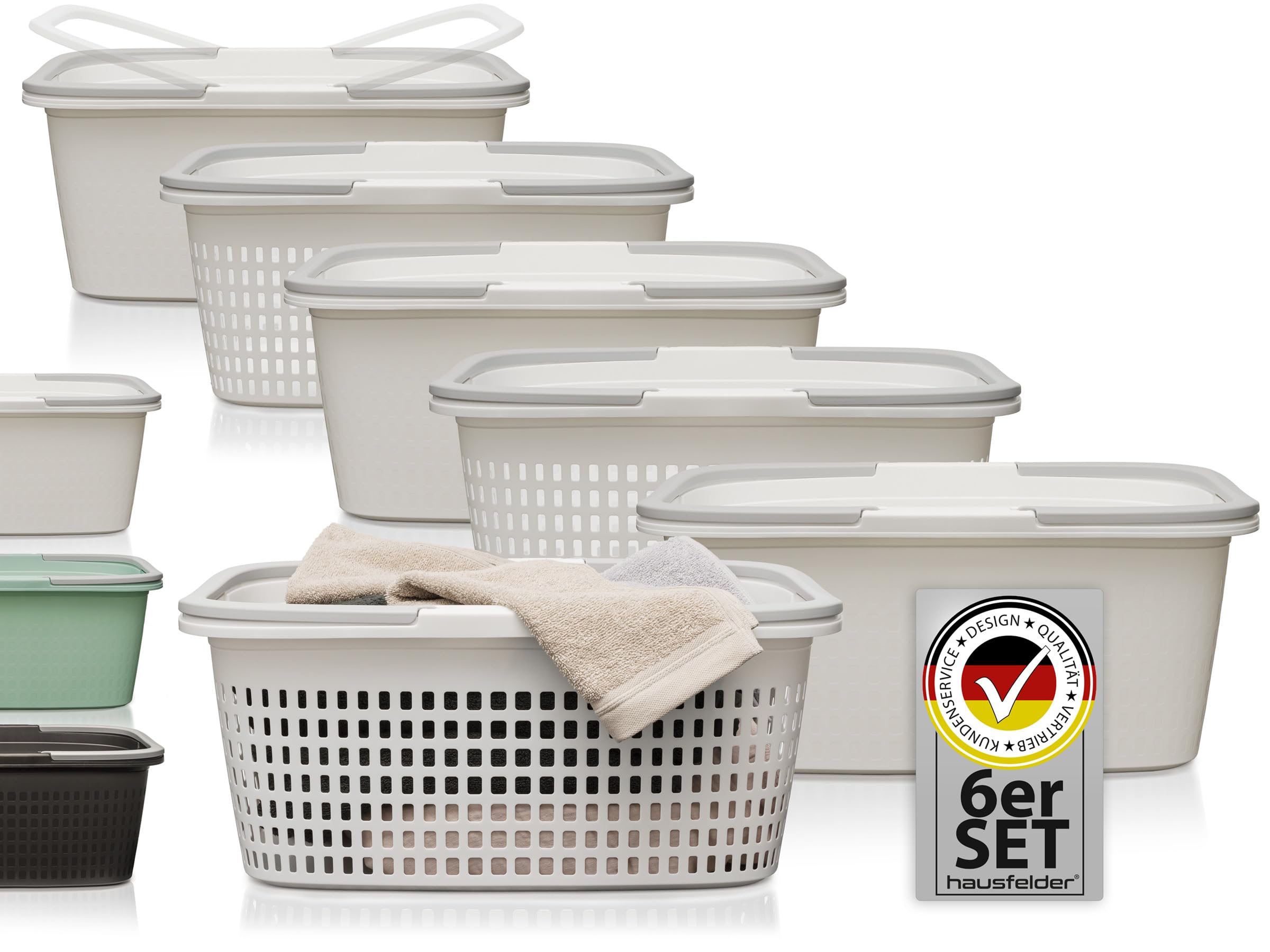 Hausfelder Wäschekorb und Wäschewanne 58x37x25cm, 3 x Wanne und 3 x Korb mit Henkel weiß 35 Liter, stabil (Weiss, 3 Körbe + 3 Wannen)