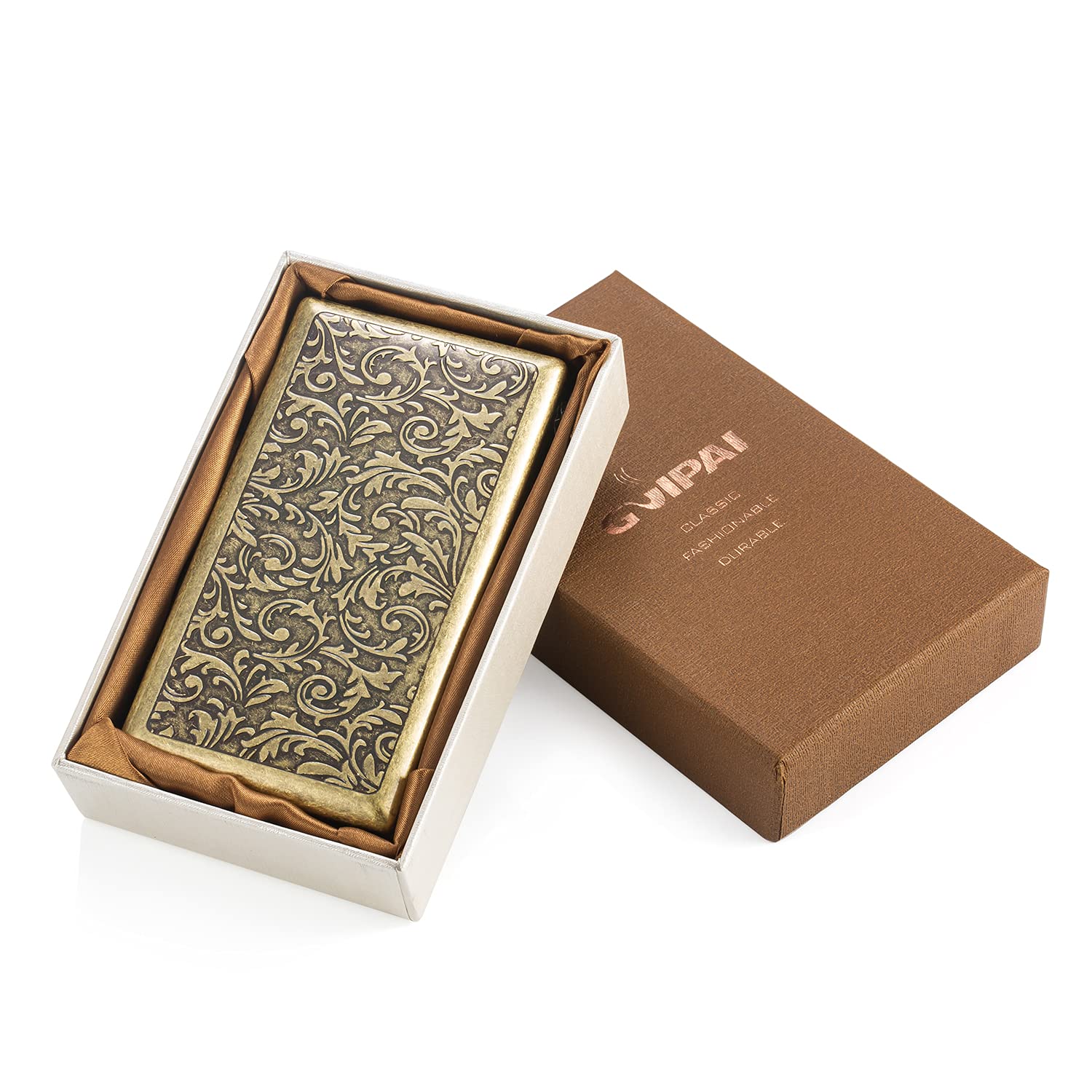 Portasigarette Vintage in Metallo di Alta Qualità - Scatola per Sigarette da Donna, Anticato, per 20 Sigarette da 100 mm, Sottile, in Acciaio Inox, Con Scatola