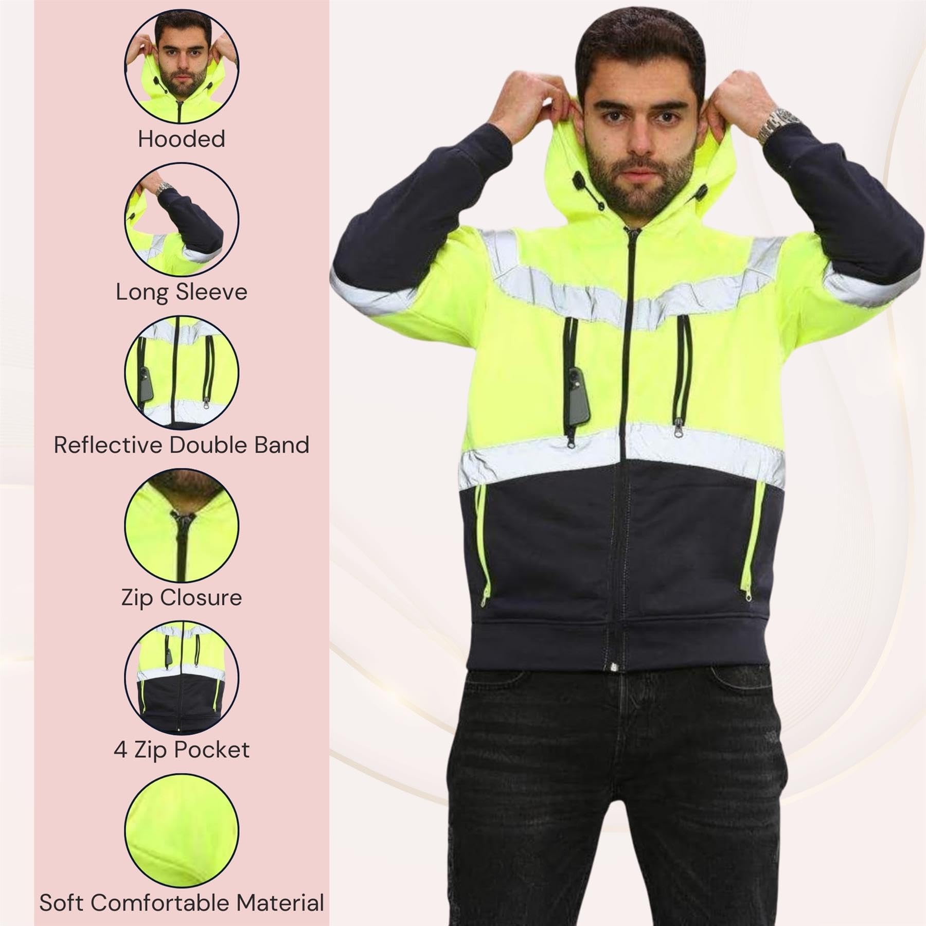 Janisramone Hombres Hi Vis Reflexivo Visibilidad Capucha Contraste Parche Vellón Sweatshirt Trabajo Capucha Chaqueta