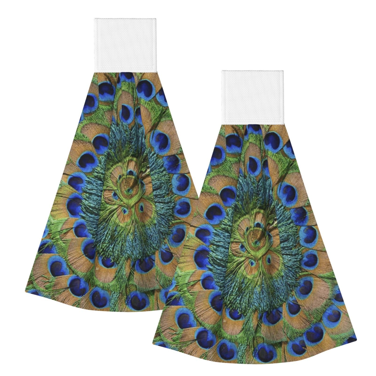 DOPKLNA Fashion Peacock Feathers, 2 Pcs Hanging Coral Fiber Hand Towels for Bathroom, Absorbent Kitchen Towels