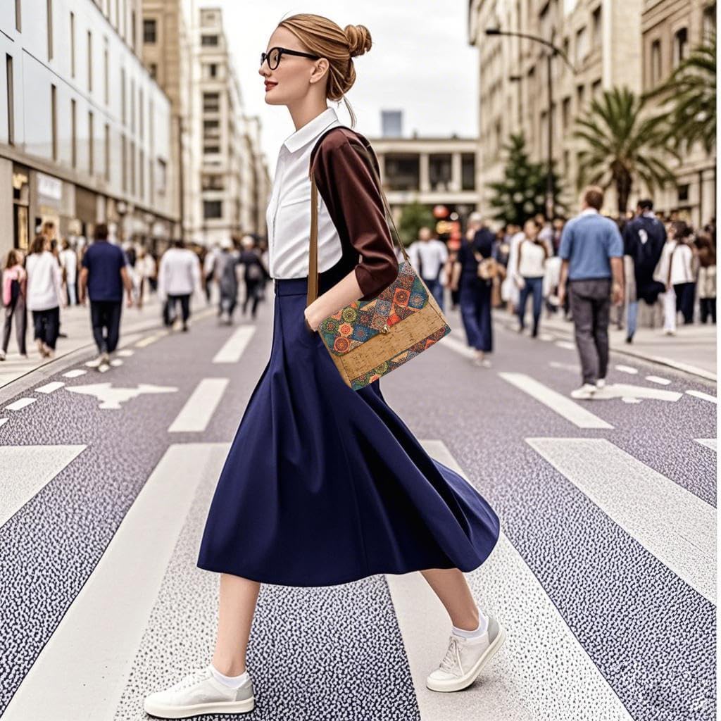 Natural cork zipper Secret key Double latch adjustable shoulder bag purse tote crossbody