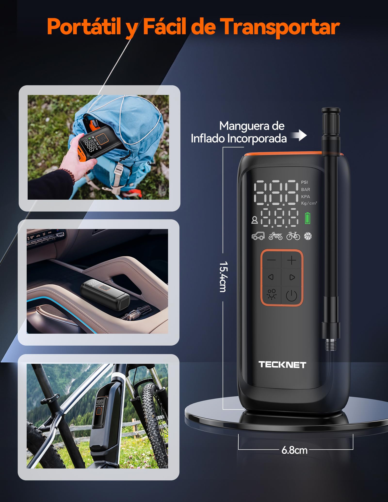 TECKNET Mini Compresor Aire Portátil, 150 PSI Inflador Ruedas Coche, Compresor Recargable 6000 mAh, Puede Utilizar y Linterna, 5 Modos, Adecuado para Coches, Bicicletas, etc.