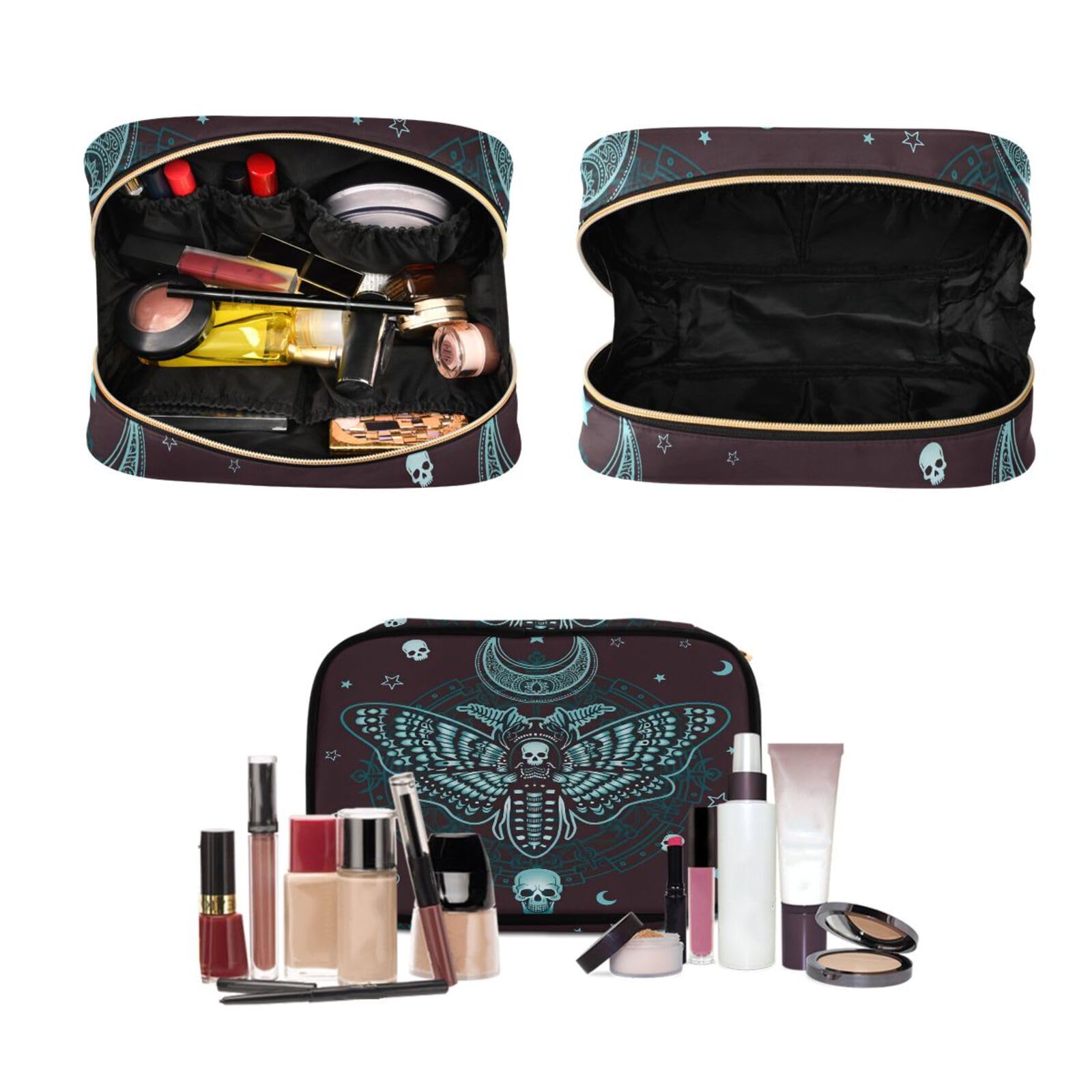 MNSRUU Kulturbeutel Schmetterling Beige Hängende Make-up Reisetasche für Toilettenartikel 3 Stück Kulturbeutel Organizer Taschen Tragbares Klares Toilettenartikel-Set, Totenkopf 09, Einheitsgröße