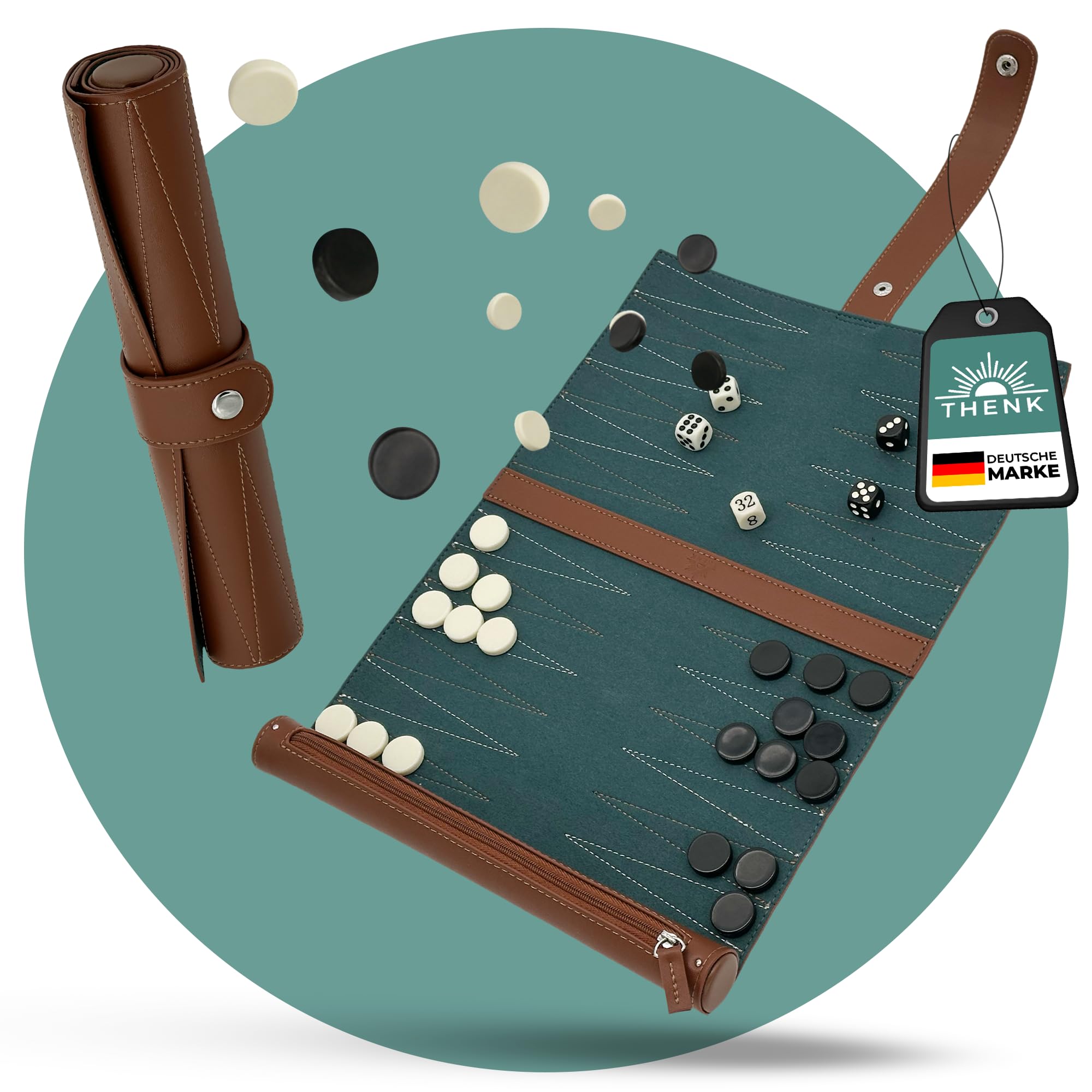 THENK Reise Backgammon – Edles Rollbares Backgammon Spiel aus Premium Kunstleder – Kompaktes Reisespiel mit Spielsteinen & Würfeln – Leicht und perfekt für Urlaub & Outdoor