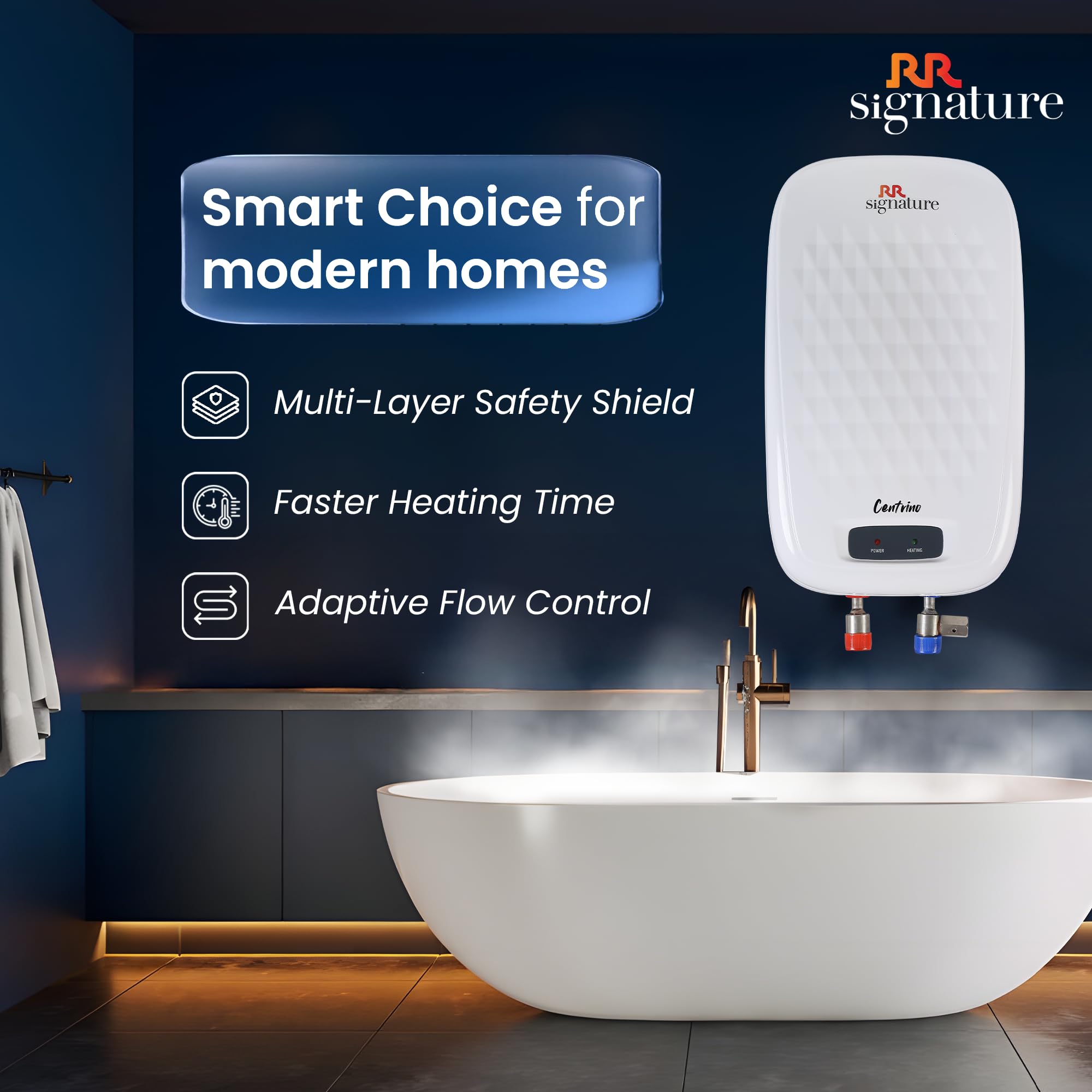 RR Signature Centrino 5L Water Heater for Home | Instant Storage Geyser with Whirflow Technology | 100% Copper Heating Element | Rust & Shock Proof Body|2 Yr Warranty on Product & 5 Year on Tank by RR 2