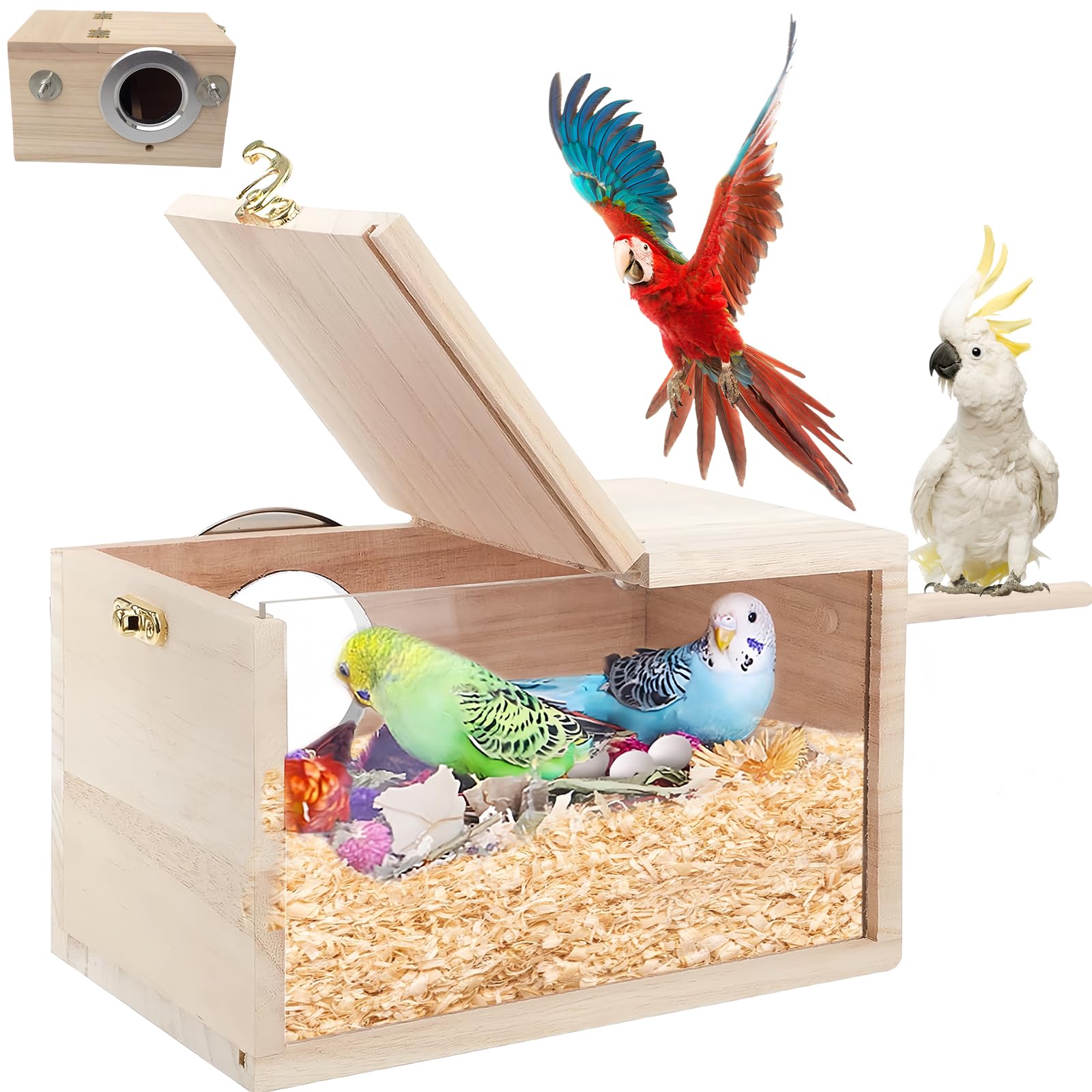 Perttypet Nestkast voor parkieten, houten vogelkweekbox, transparant design, vogelteelt broedkast voor kleine vogels zoals vinken, parkieten, kanaries enz. (middelgroot