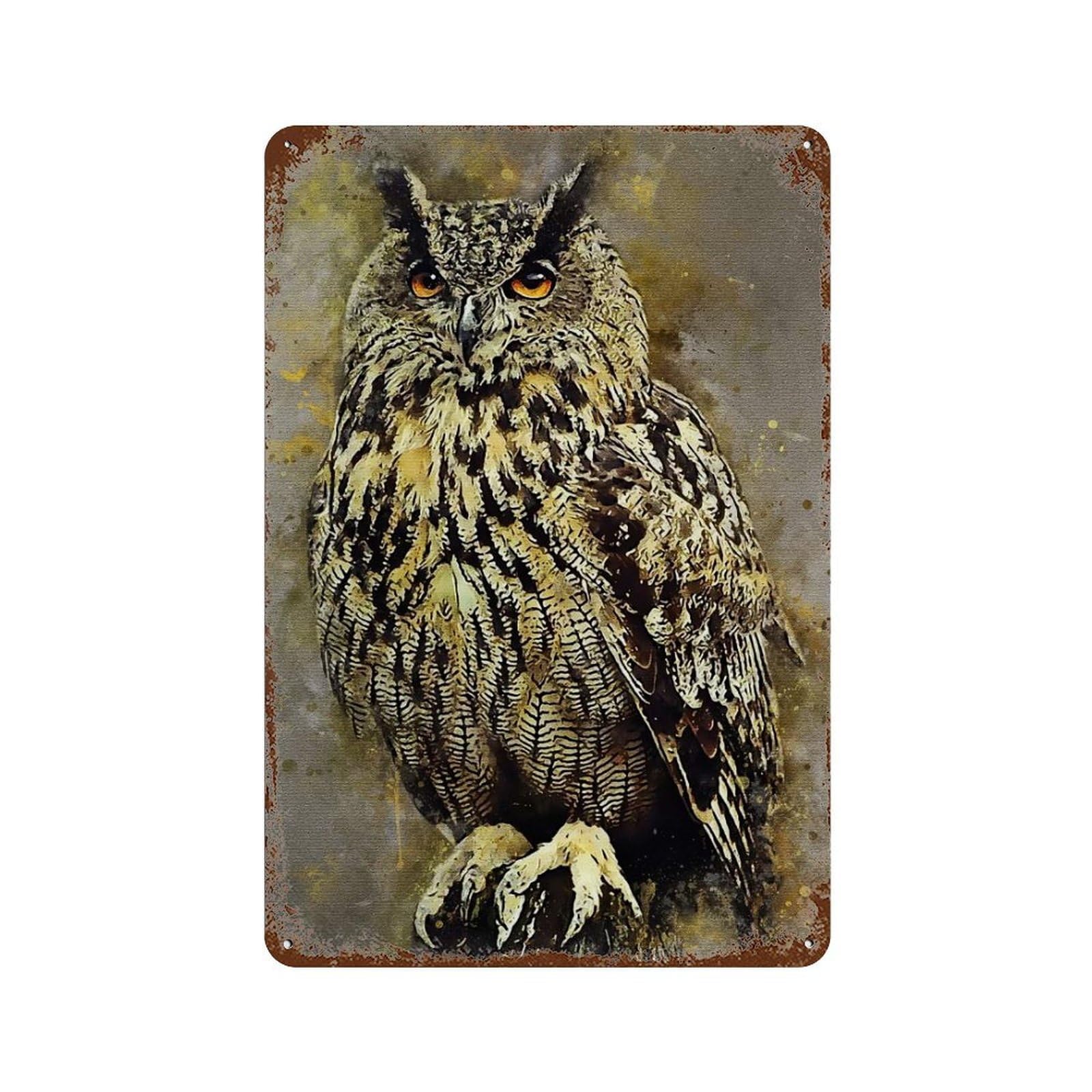 Owl Watercolor Weathered Tin Sign 11.8"x7.9", for Shed, Workshop And Garage Wall Decor, Decorative Metal Wall Art