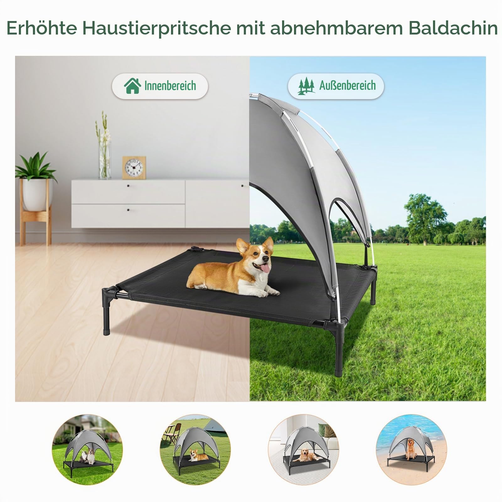 Haustierbett Haustierzelt mit Baldachin, Erhöhtes Hundebett, Haustierliege Wasserdicht und Atmungsaktiv, für Indoor & Outdoor (92x76x94cm)
