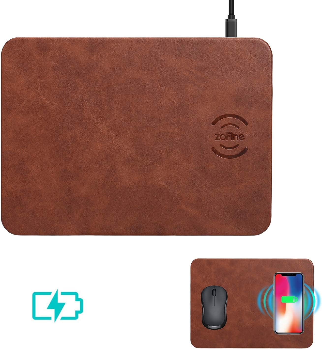Wireless Charging, ZOFINE Mouse Pad Wireless Charger 10W 2 in 1 Mat for Samsung Galaxy S9 S8 S7, 5W for iPhoneXS Max/XR/X/XS/8/8 Plus Qi-Enabled Devices Brown