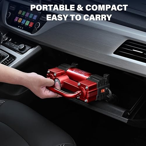 Vista 16 de GSPSCN Inflador de neumáticos de doble cilindro resistente, compresor de aire portátil de metal DC 12V - Accesorios para automóvil, bomba de Titanio