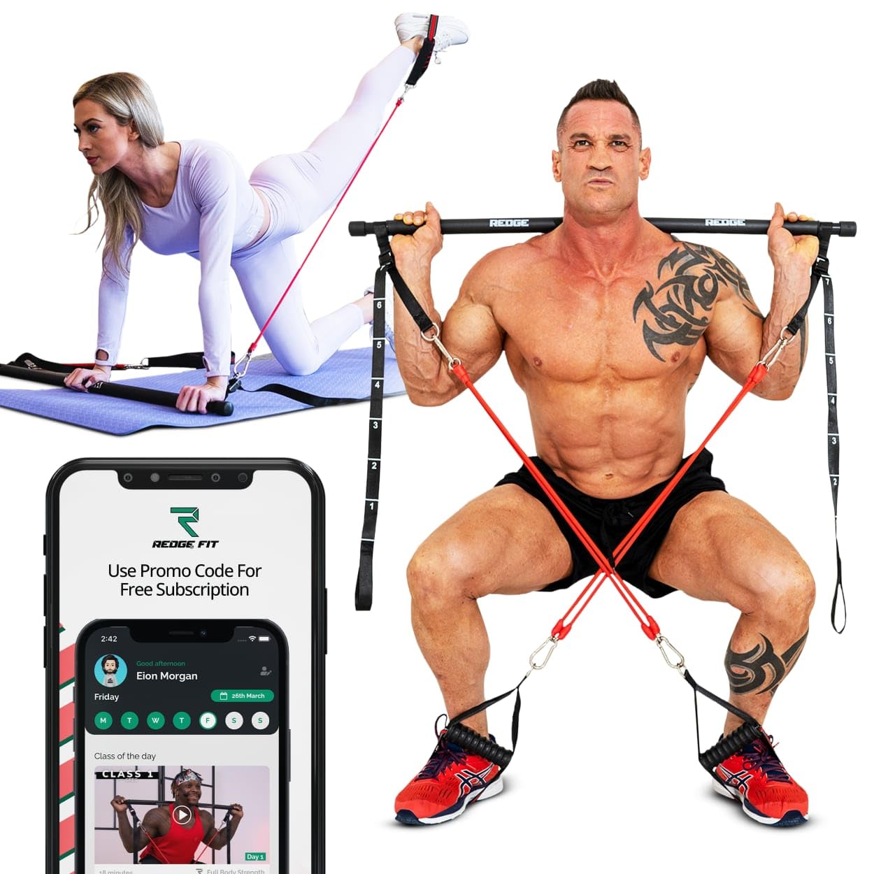 Redge Fit™ Complete Portable Full Body Home Gym Park Workout Set I Resistance Bands for Beginners to Elite Athletes I Pilates bar kit I Train Insane (Improved Quality)
