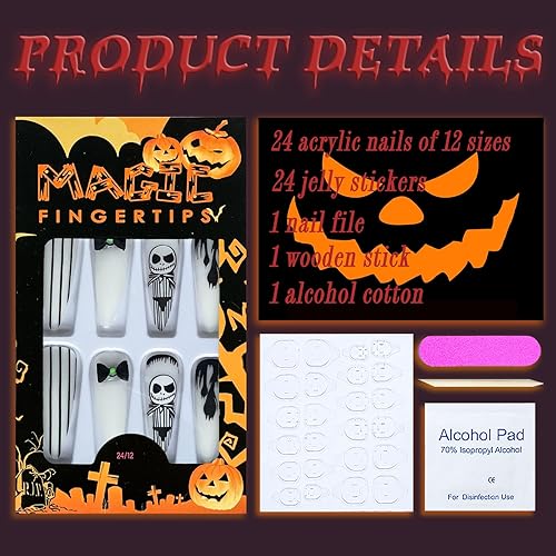 Miniatura 2 de Uñas postizas a presión de Halloween, uñas postizas largas de aguja de cobertura completa que brillan en la oscuridad, uñas postizas blancas mate