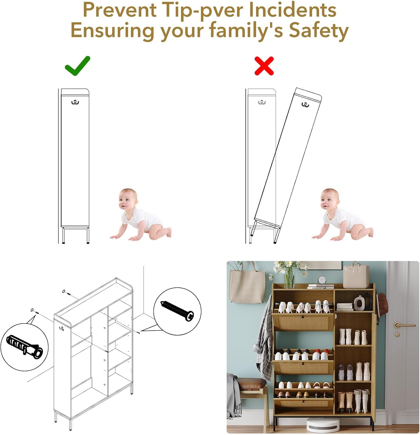 Rattan Shoe Storage Cabinet with 3 Flip Drawers, 4-Tier Freestanding Shoe Organizer, Adjustable Shelves for Entryway, Hallway, or Closet, Modern Space-Saving Shoe Rack for Home Organization - Image 6