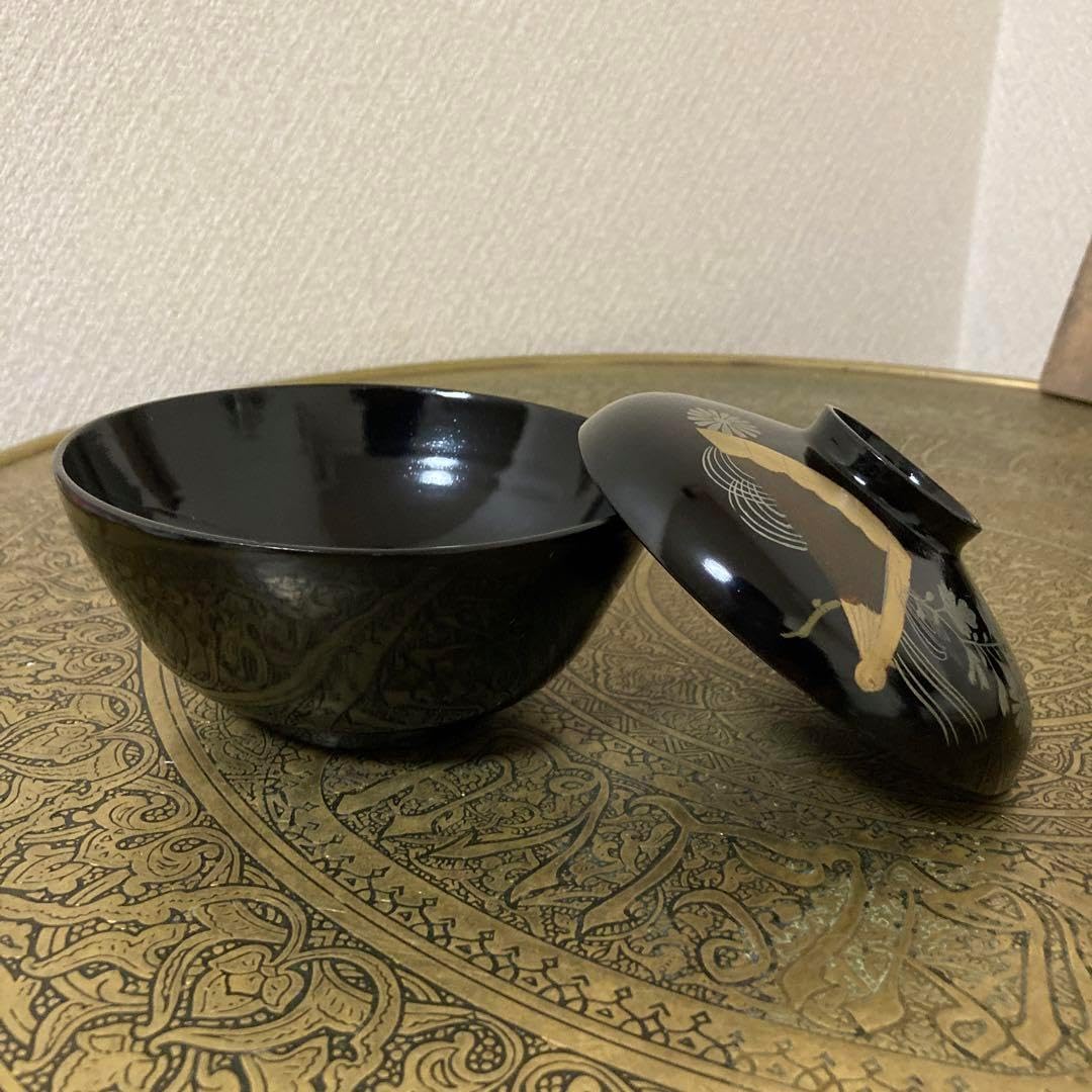時代黒漆金扇子吸物椀10客金蒔絵明治汁物椀手造り〈検