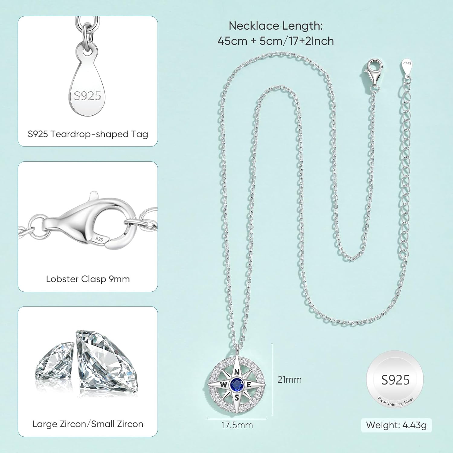 Compass Necklaces for Women Birthstone Jewelry - S925 Sterling Silver New Zircon Pendant Adjustable Gifts for Wife Girlfriend Presents Anniversary Birthday Graduation Valentine Wedding