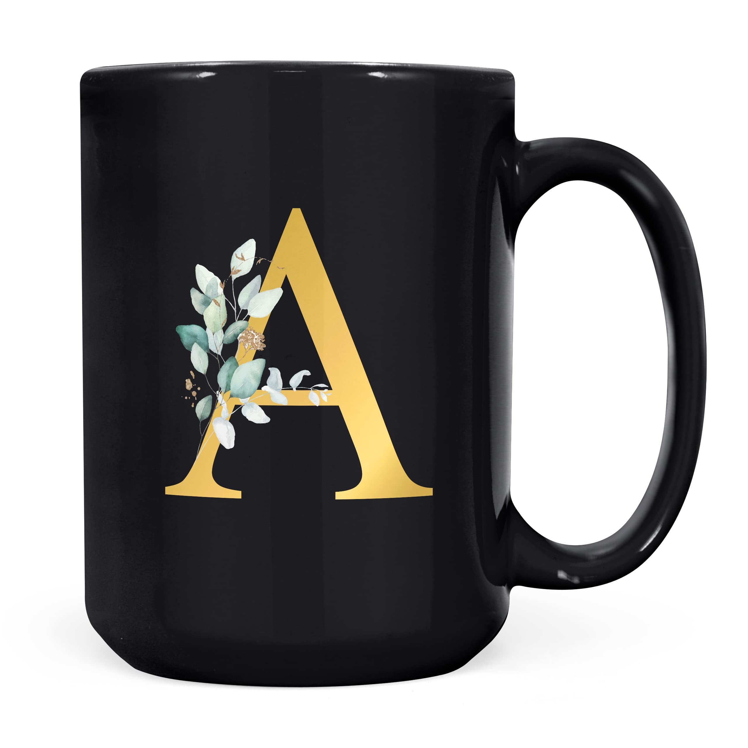 Personalised Letter A Floral Mug Initial, Customised Gift, Gold Effect Printed Letter, NOT Metallic - Ceramic Coffee Cup for Men or Women, Extra Large and Giant Mug, 15oz Black Cup