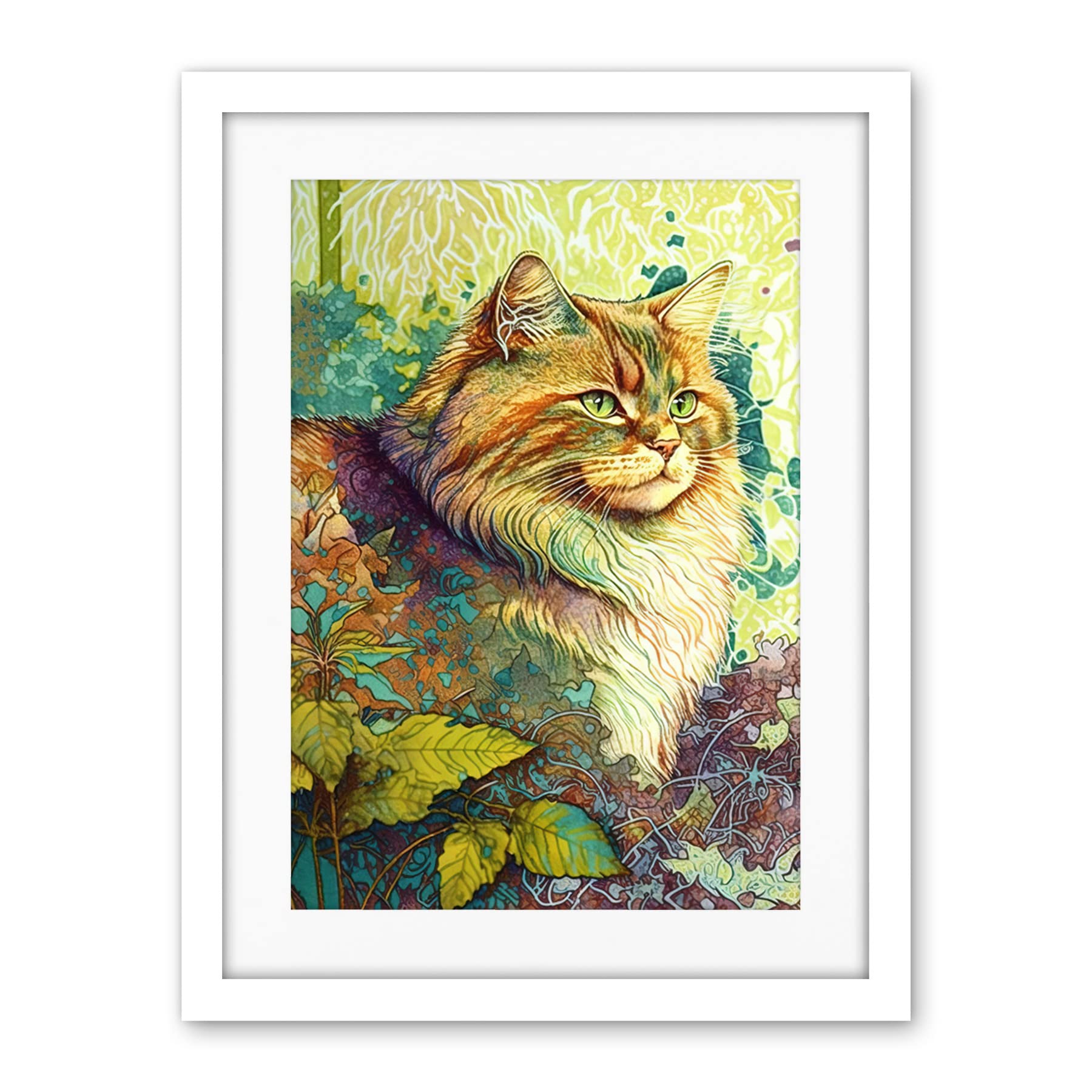 Artery8 Siberian Cat in Nature Vibrant Colourful Modern Portrait Illustration Artwork Framed Wall Art Print 18X24 Inch