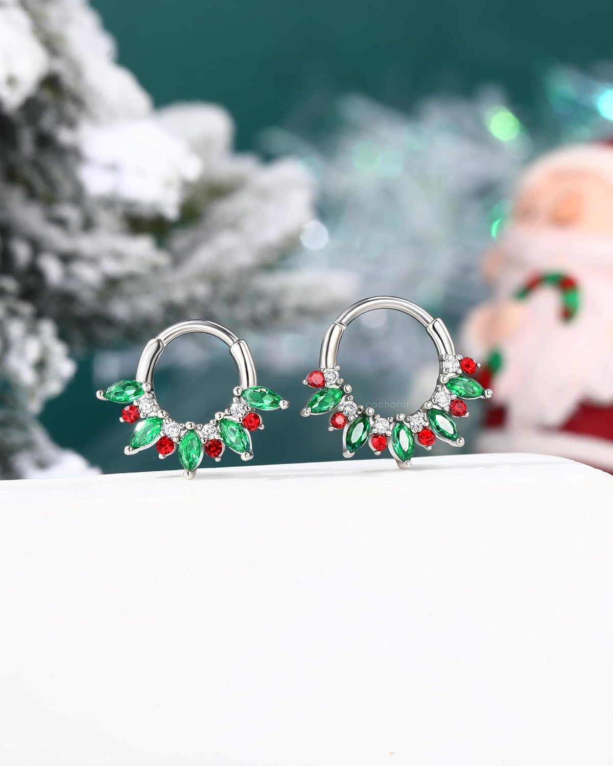 COCHARM Christmas Septum Rings 16G Green CZ Septum Jewelry Surgical Steel Helix Daith Piercing Jewelry 8/10MM - Image 4